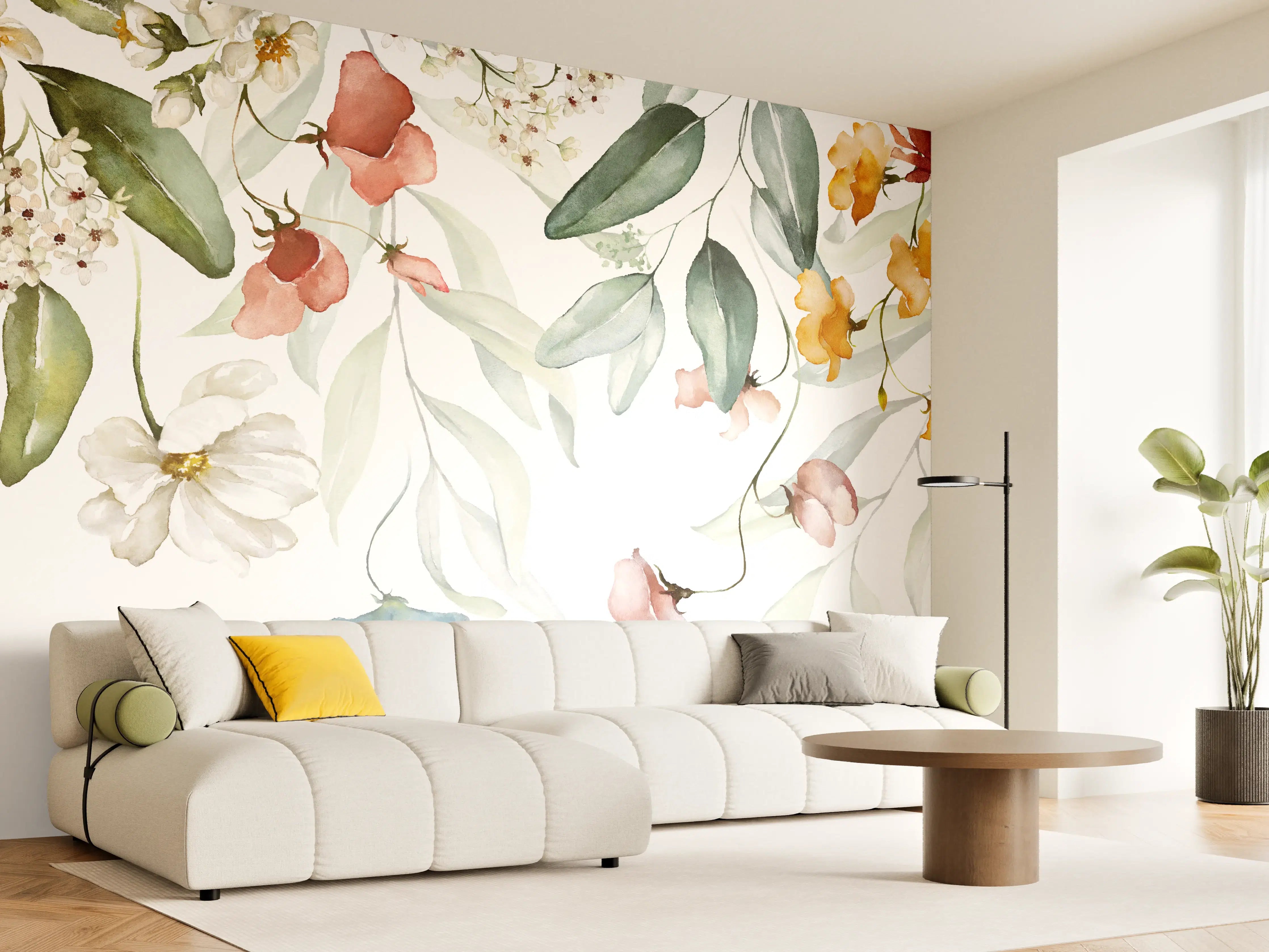 Wandverkleidung Wohnzimmer - Blumige Watercolor-Illustration mit zarten Farbtönen