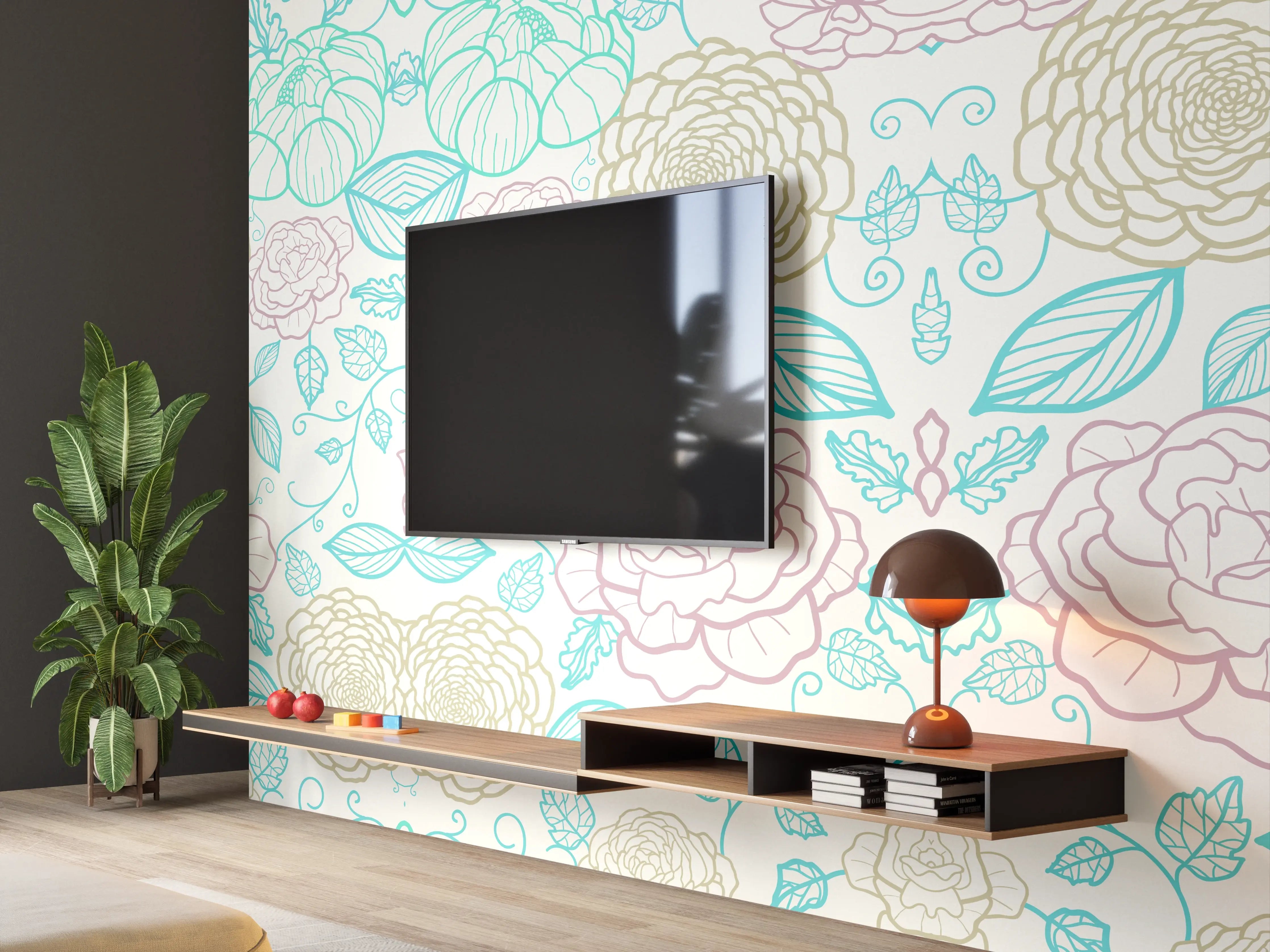 Wandverkleidung Wohnzimmer - Blumiger Musterstoff mit zarten Farbtönen