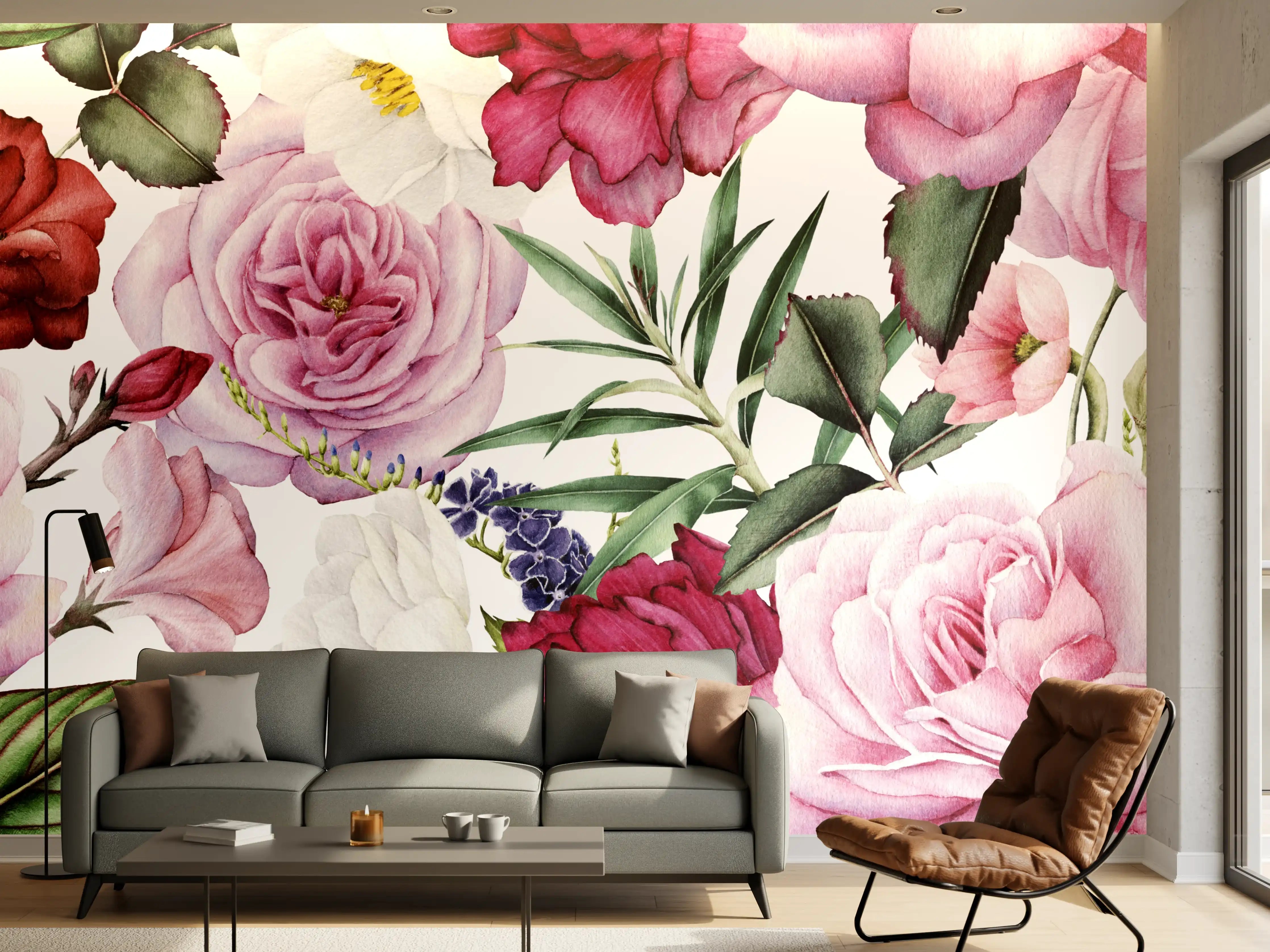 Wandverkleidung Wohnzimmer - Blumiges Design mit rosa und roten Blumen