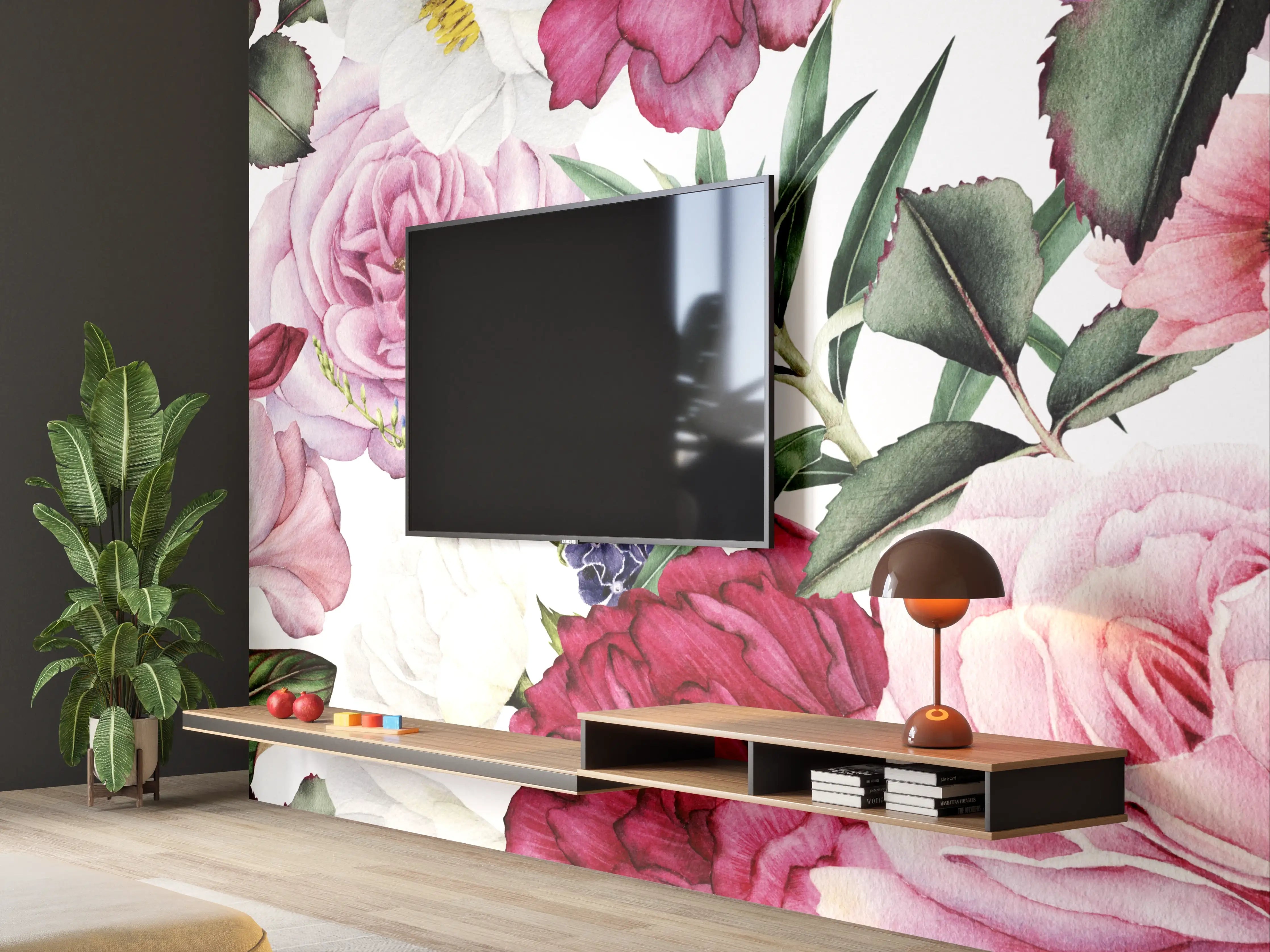 Wandverkleidung Wohnzimmer - Blumiges Design mit rosa und roten Blumen