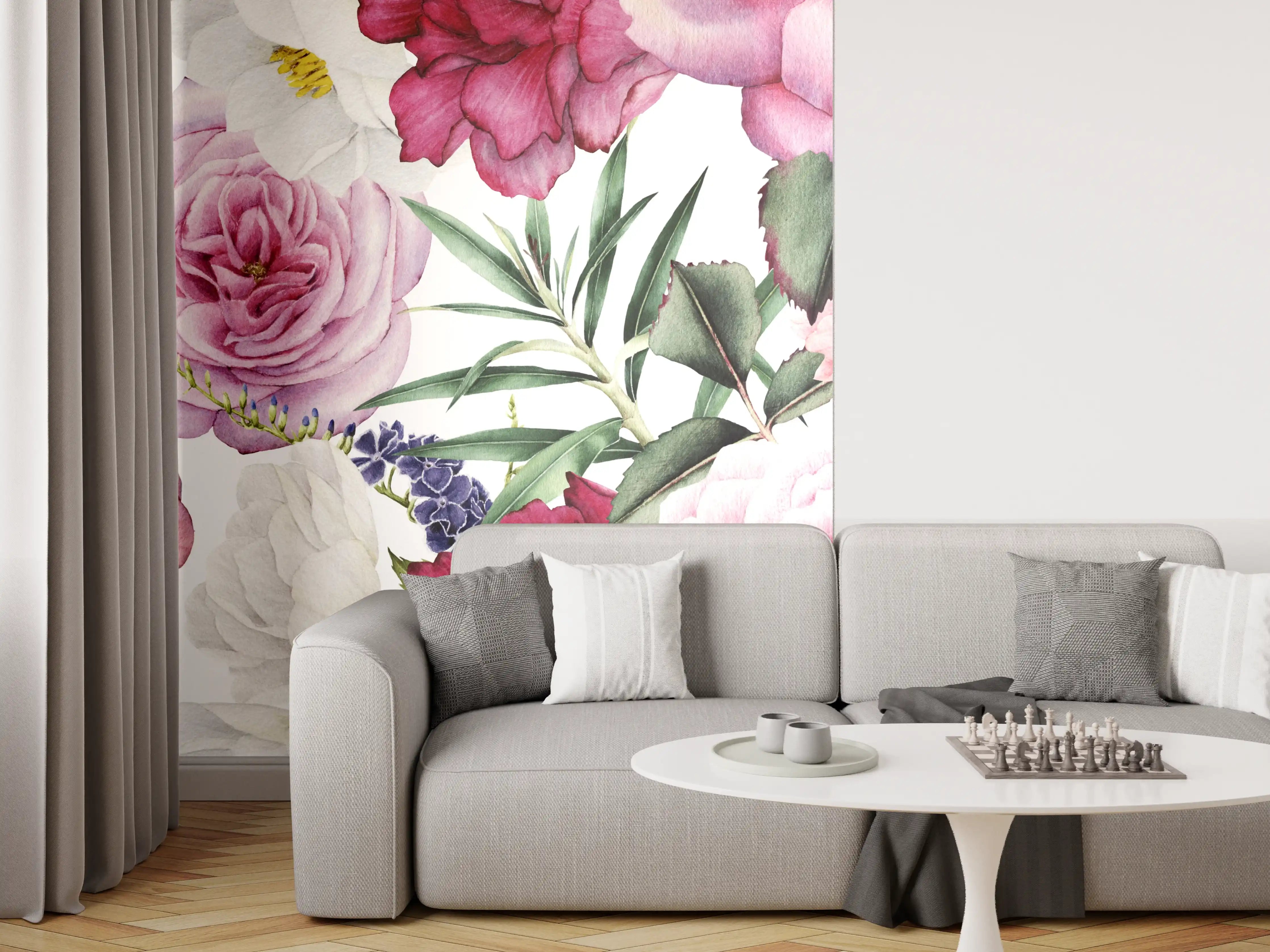 Wandverkleidung Wohnzimmer - Blumiges Design mit rosa und roten Blumen