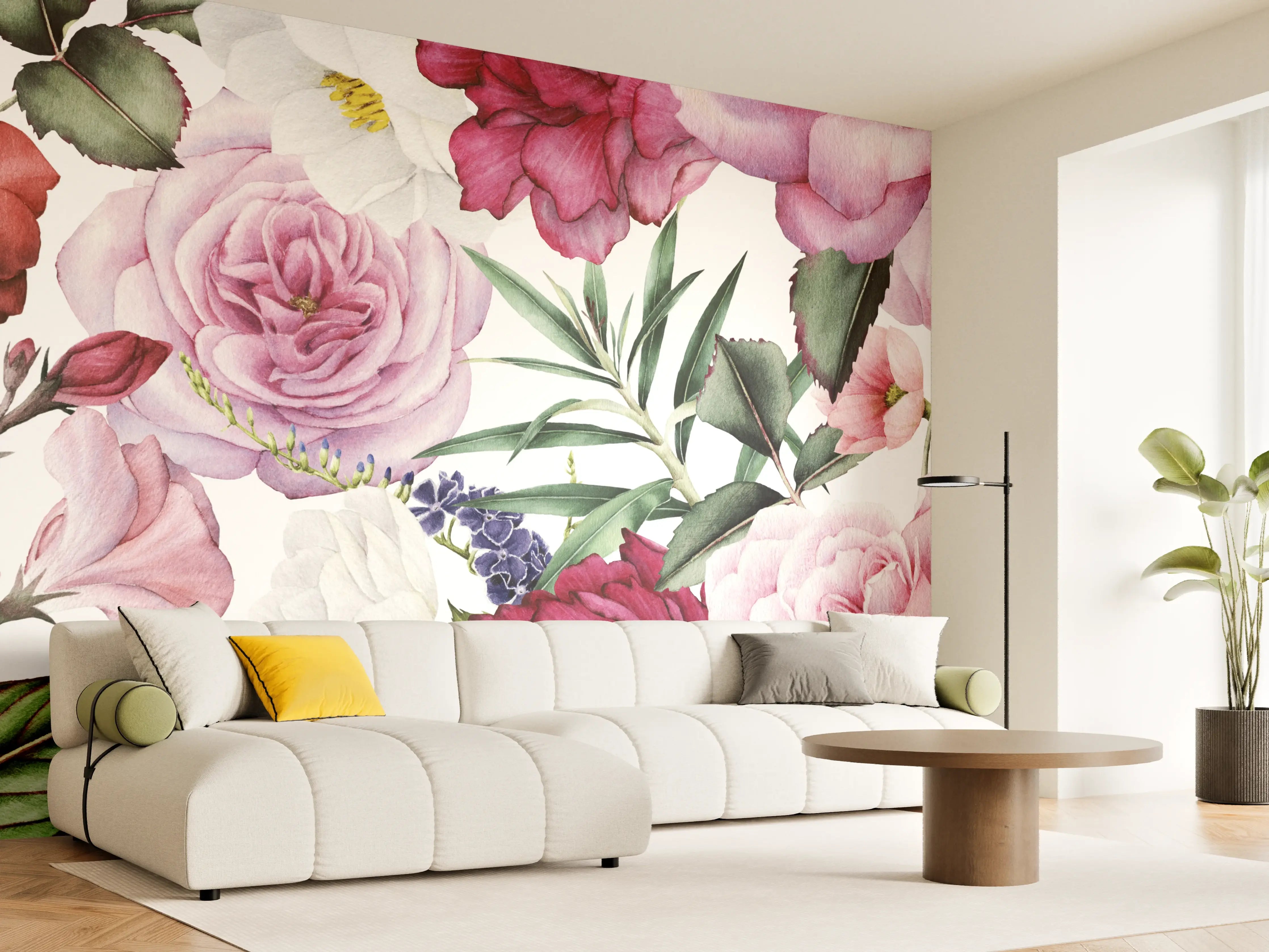 Wandverkleidung Wohnzimmer - Blumiges Design mit rosa und roten Blumen