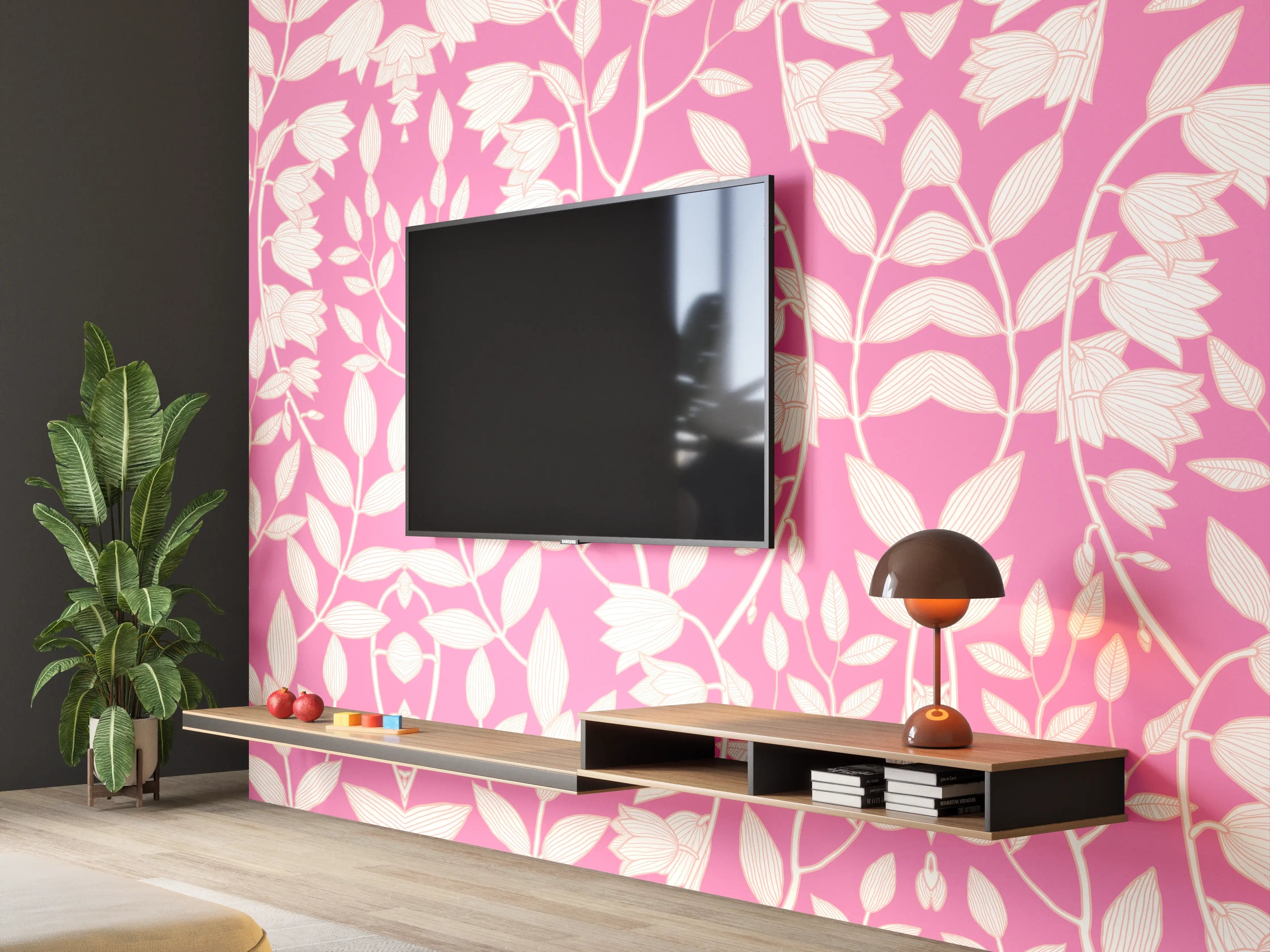 Wandverkleidung Wohnzimmer - Blumiges Muster in Pink und Weiß