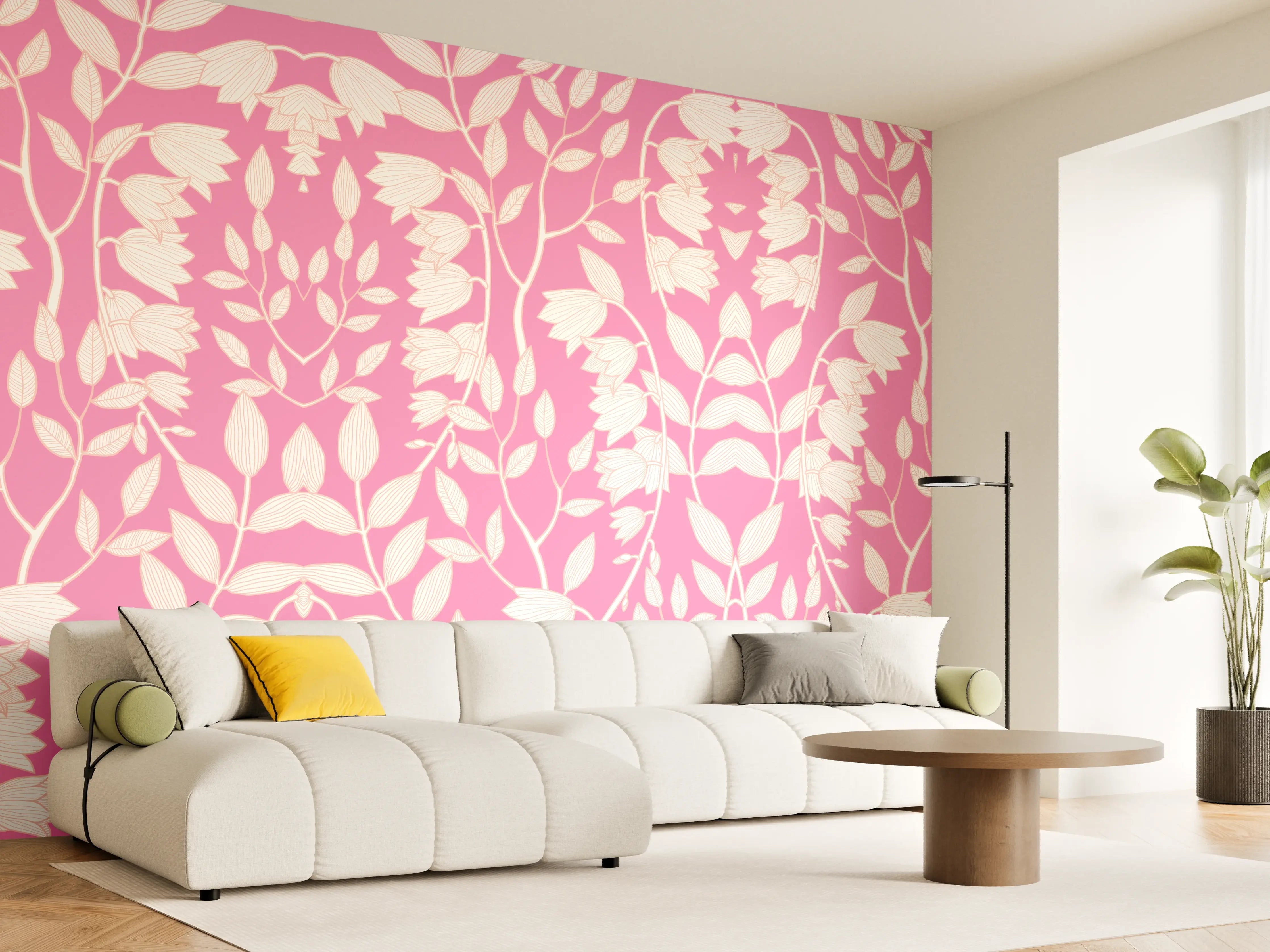 Wandverkleidung Wohnzimmer - Blumiges Muster in Pink und Weiß