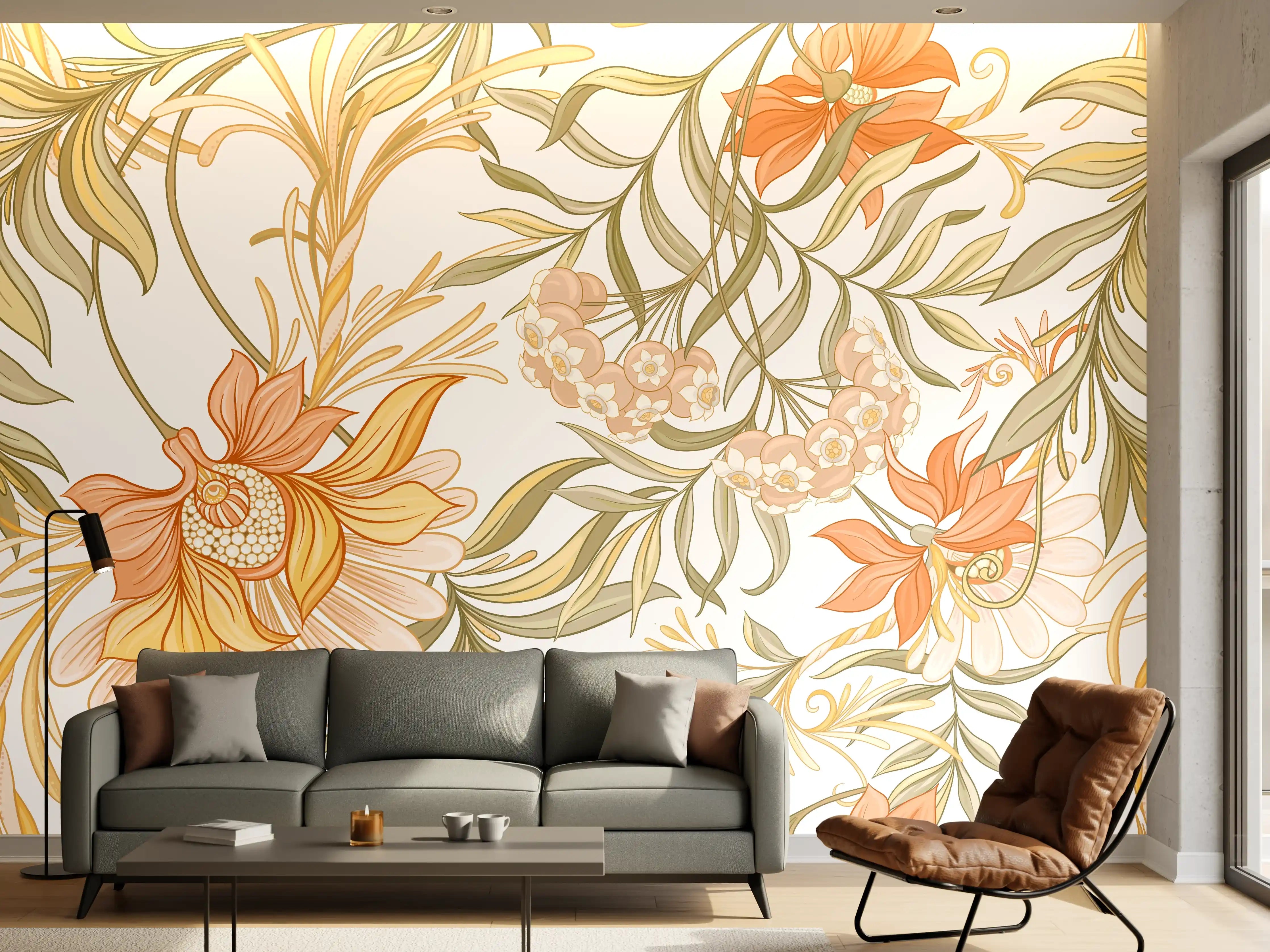 Wandverkleidung Wohnzimmer - Blumiges Muster in warmen Farbtönen