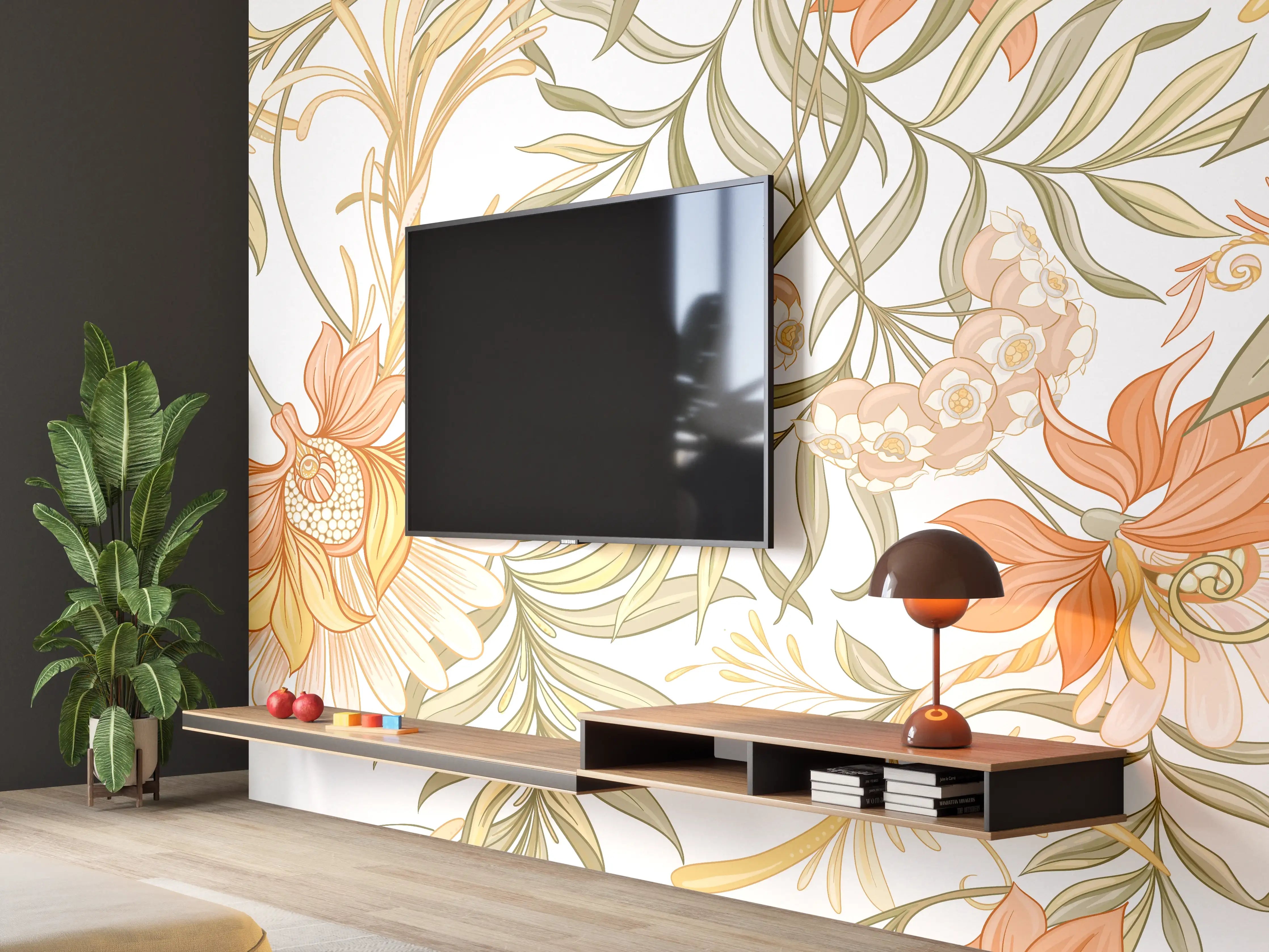 Wandverkleidung Wohnzimmer - Blumiges Muster in warmen Farbtönen
