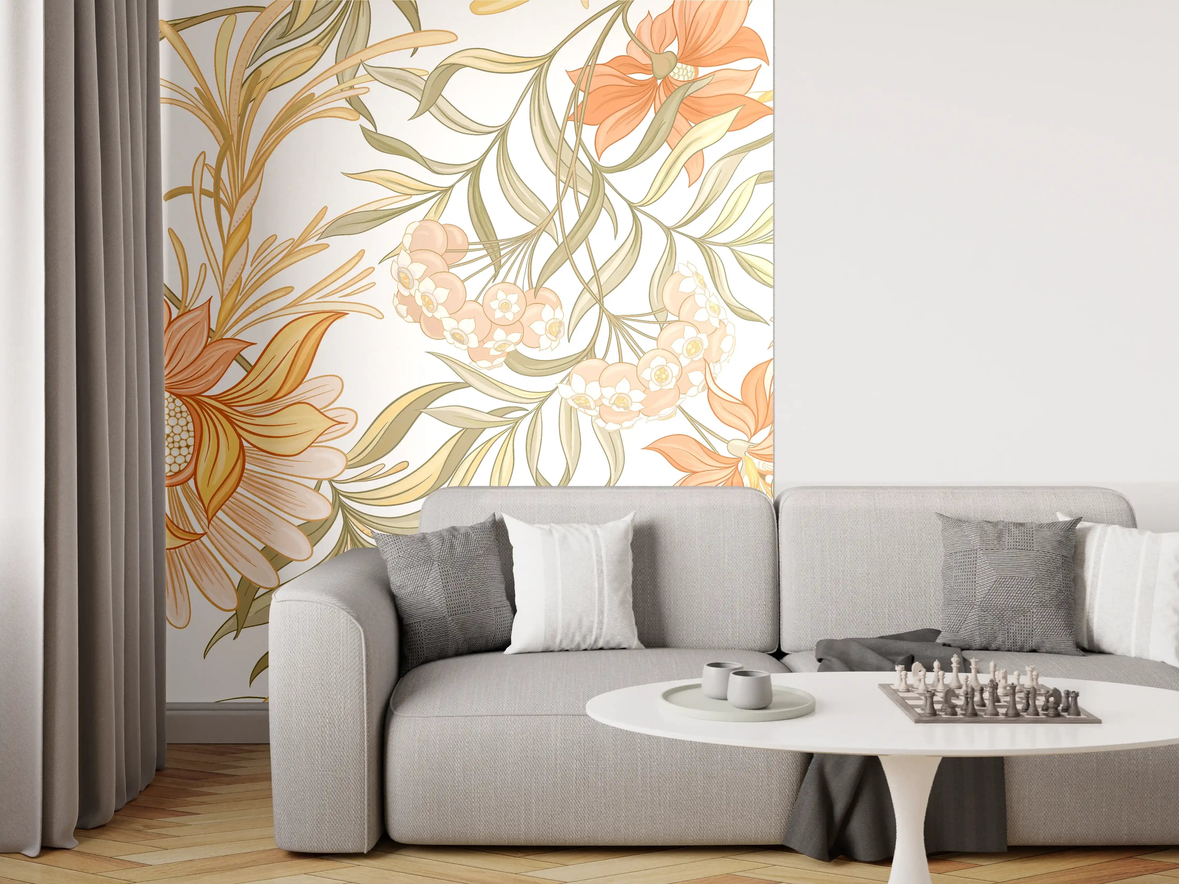 Wandverkleidung Wohnzimmer - Blumiges Muster in warmen Farbtönen