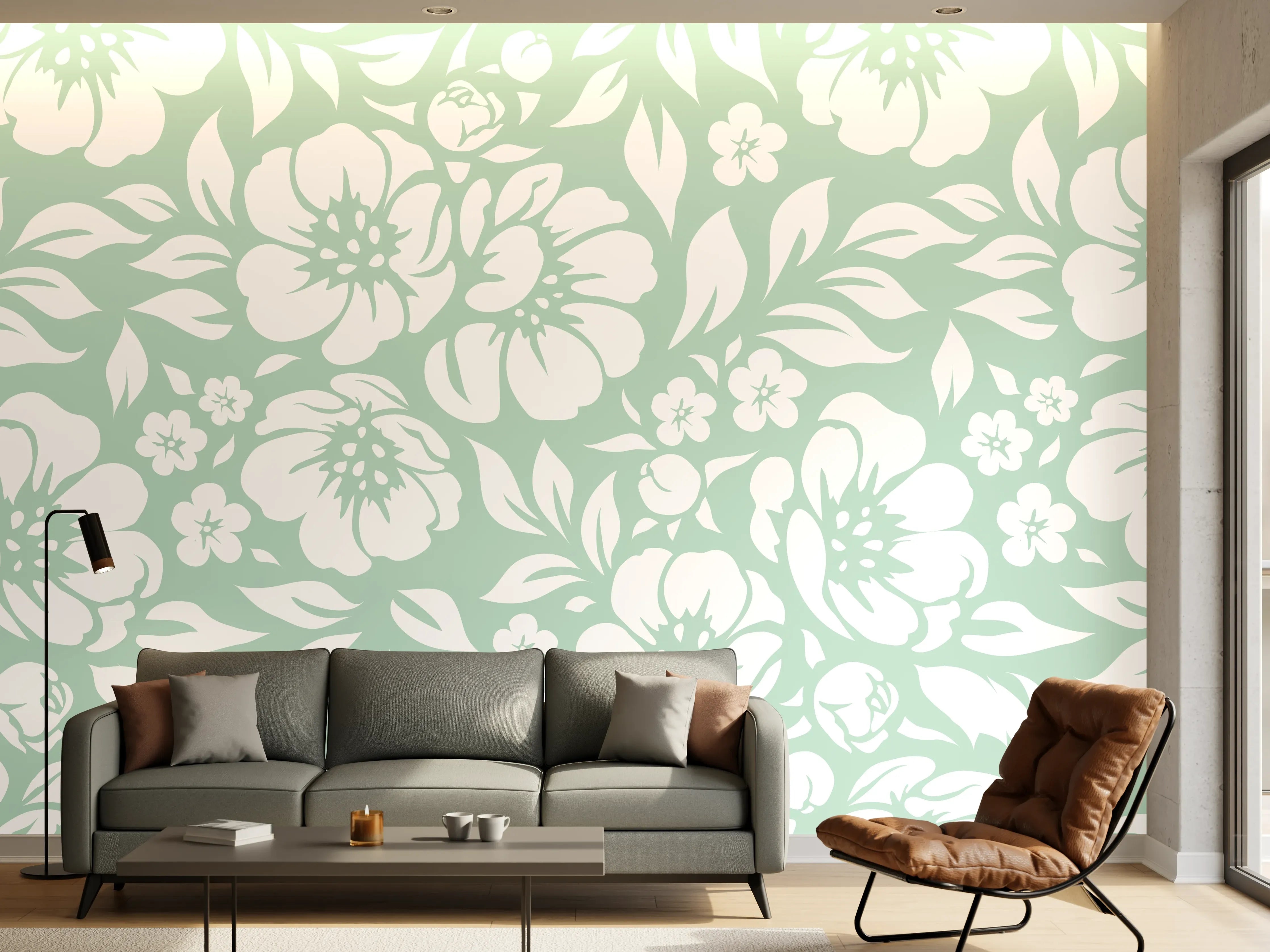 Wandverkleidung Wohnzimmer - Blumiges Muster in zarten Farben