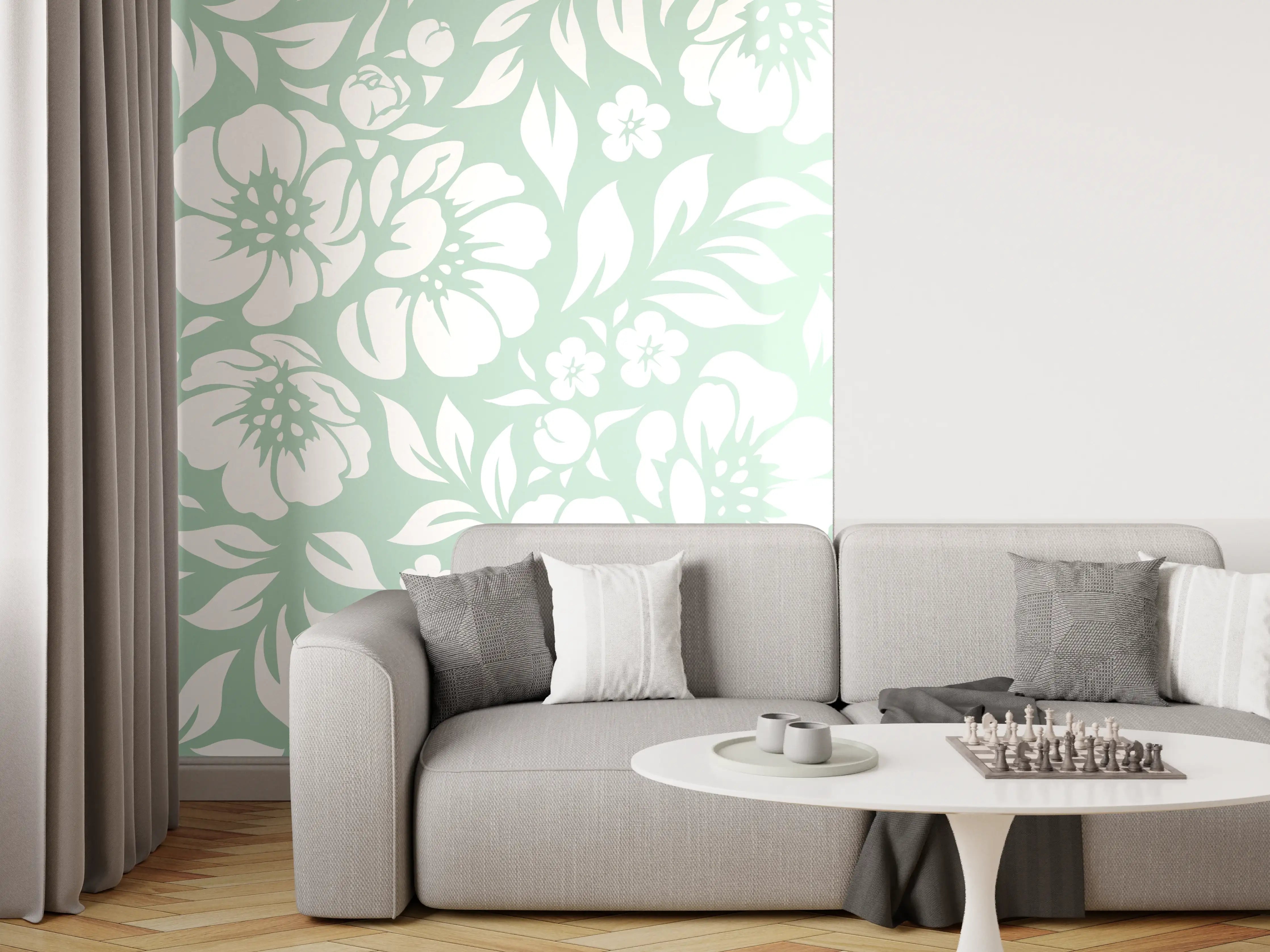Wandverkleidung Wohnzimmer - Blumiges Muster in zarten Farben