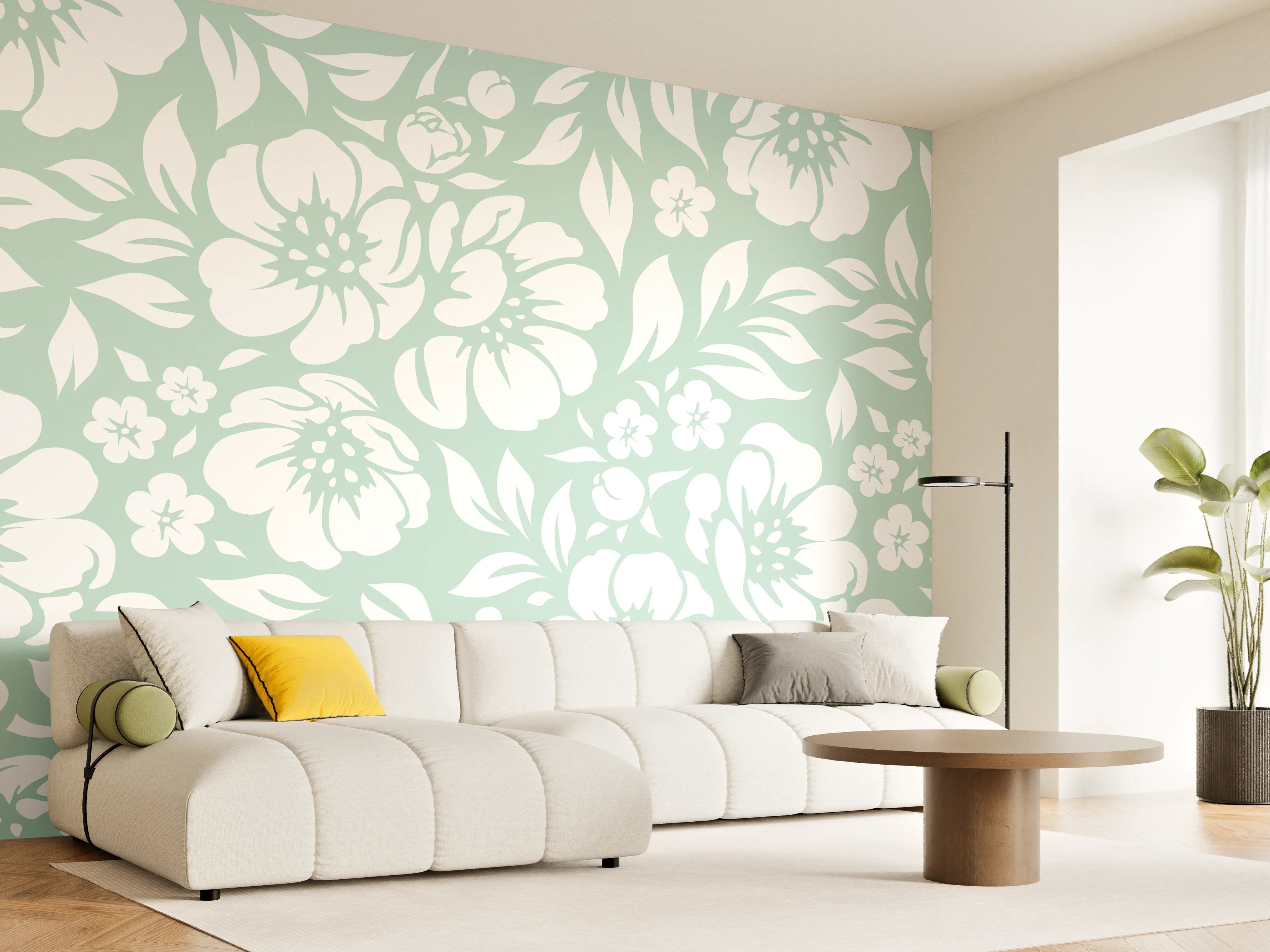 Wandverkleidung Wohnzimmer - Blumiges Muster in zarten Farben