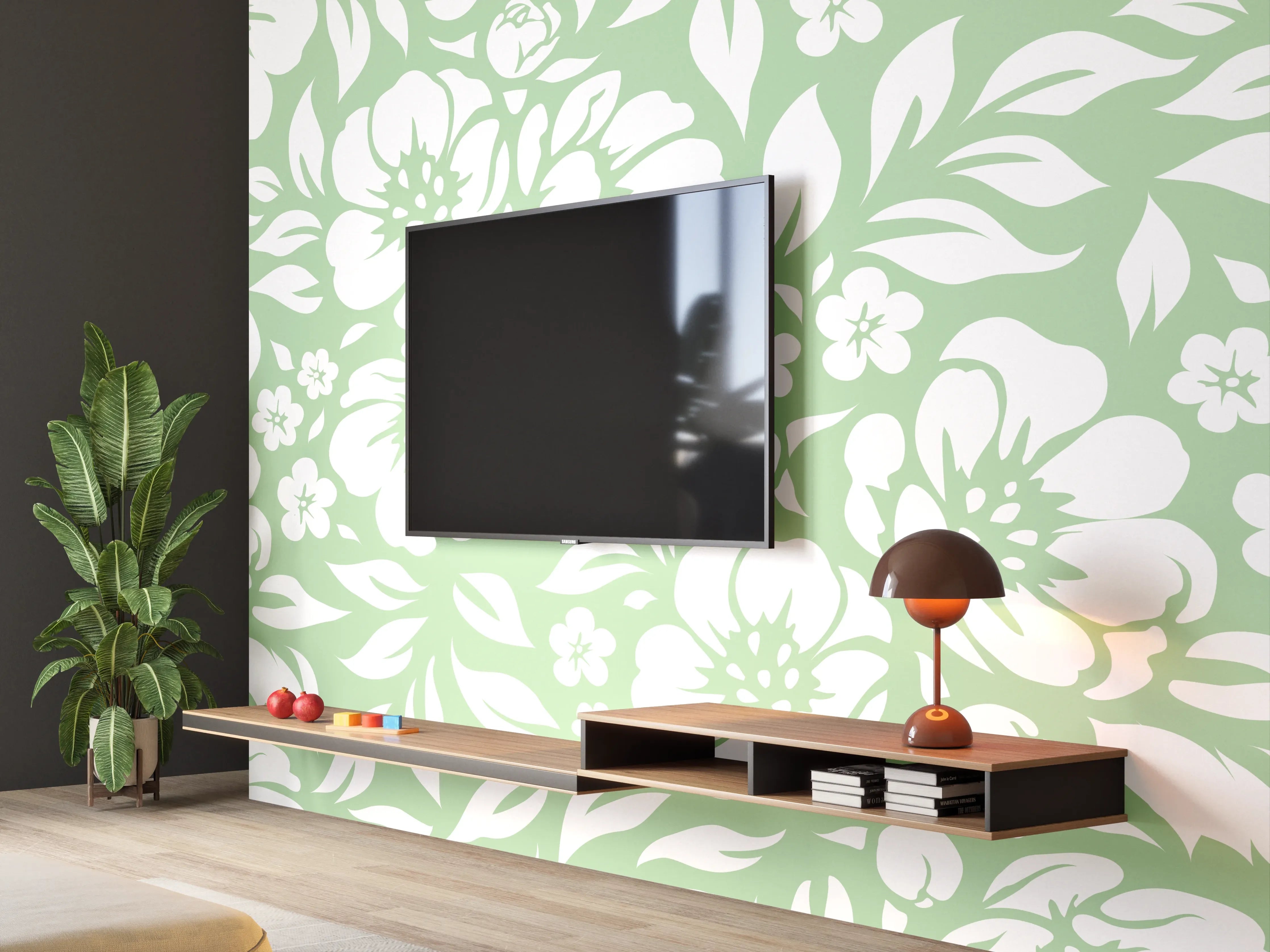 Wandverkleidung Wohnzimmer - Blumiges Muster in zarten Grüntönen