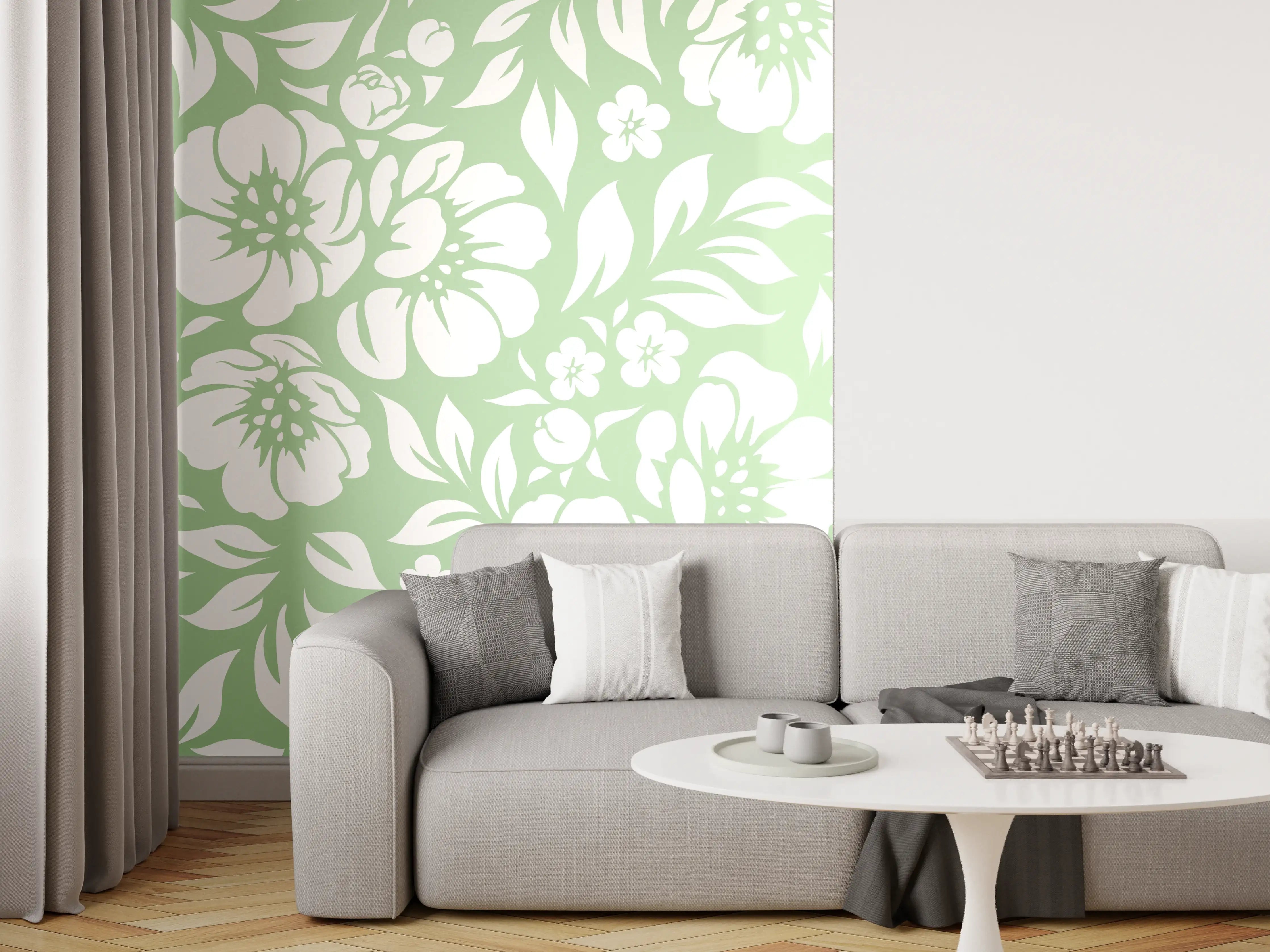 Wandverkleidung Wohnzimmer - Blumiges Muster in zarten Grüntönen