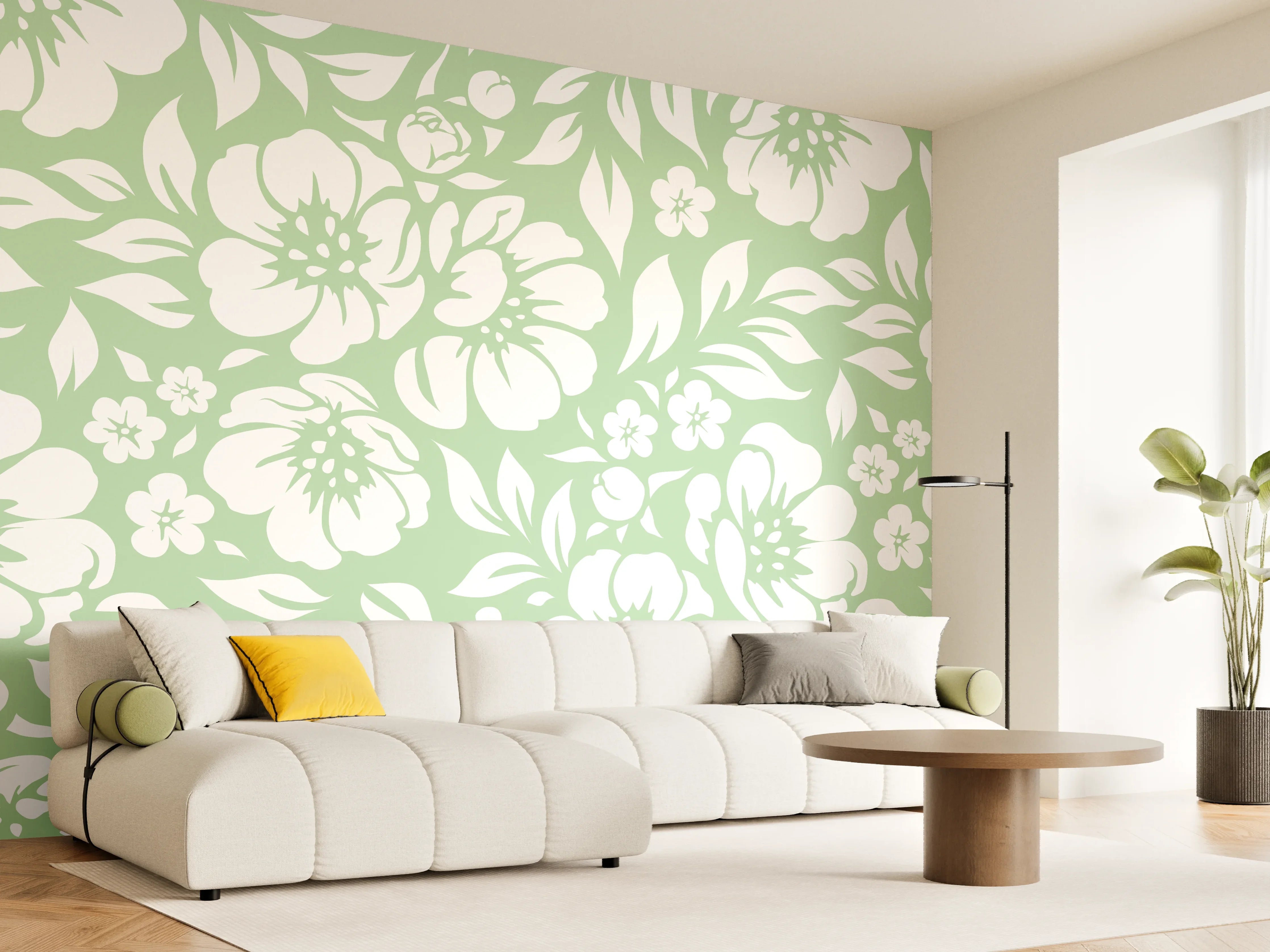 Wandverkleidung Wohnzimmer - Blumiges Muster in zarten Grüntönen