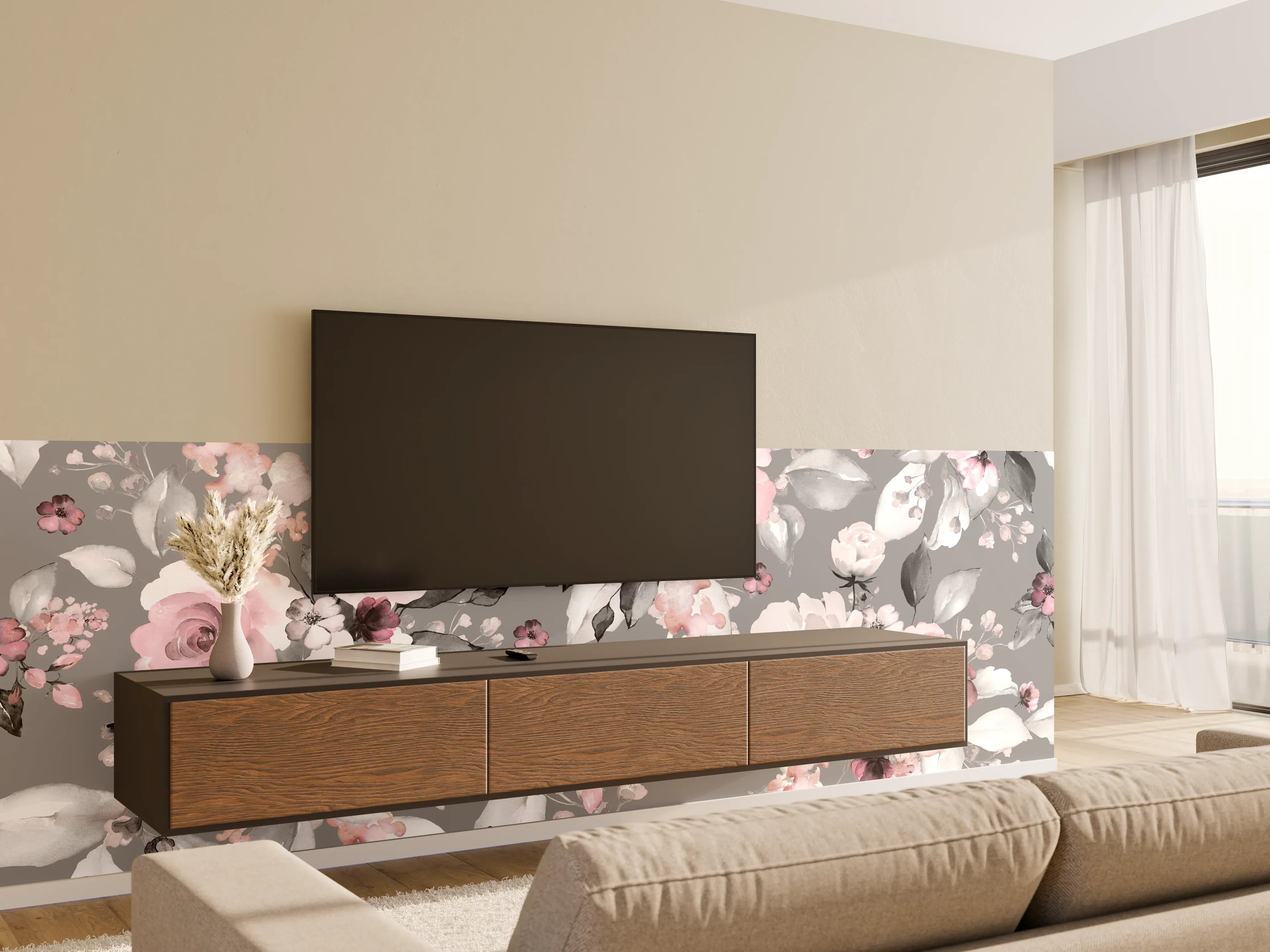 Wandverkleidung Wohnzimmer - Blumiges Muster in zarten Pastellfarben