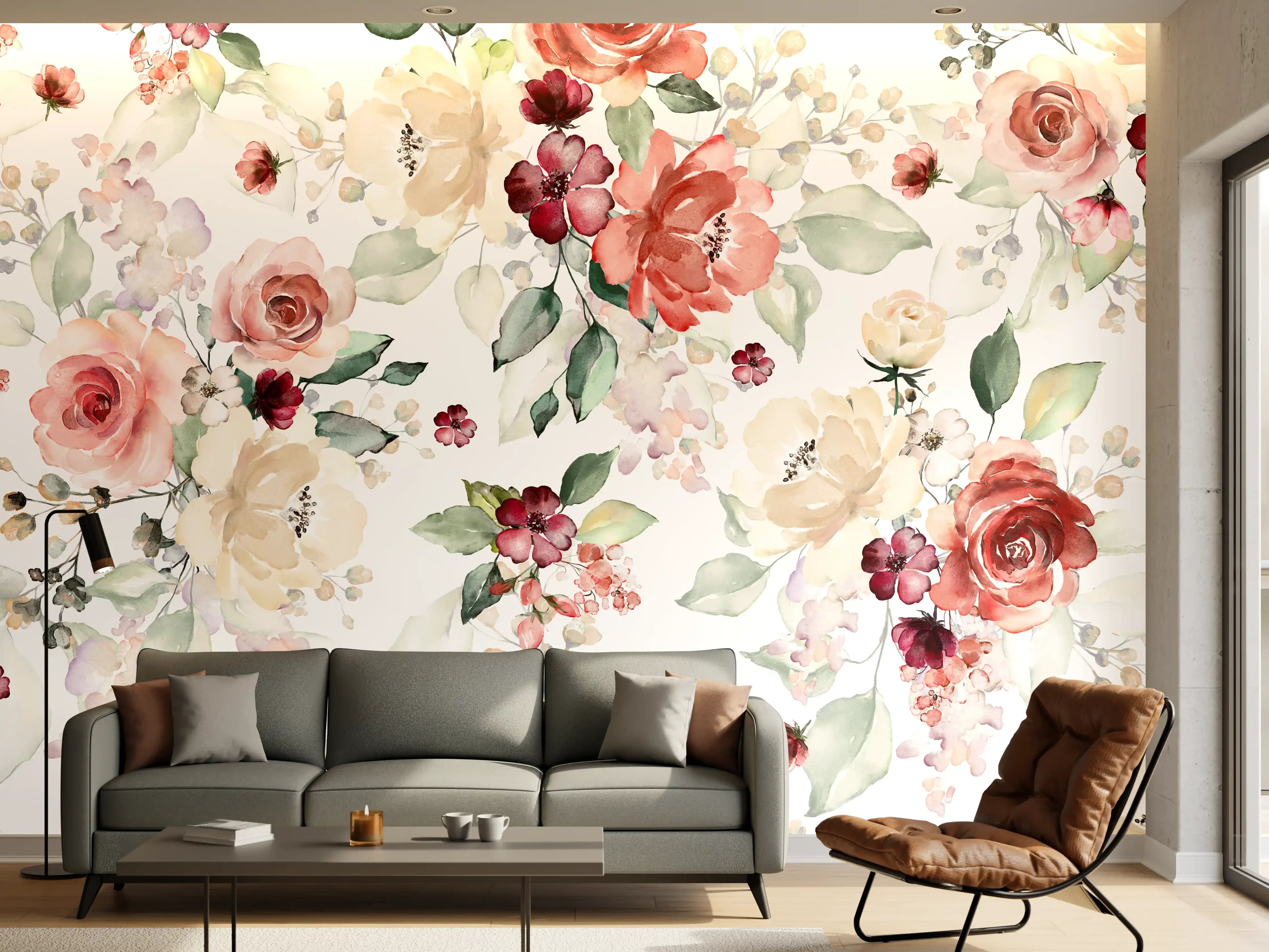 Wandverkleidung Wohnzimmer - Blumiges Muster mit zarten Rosen und Blumen