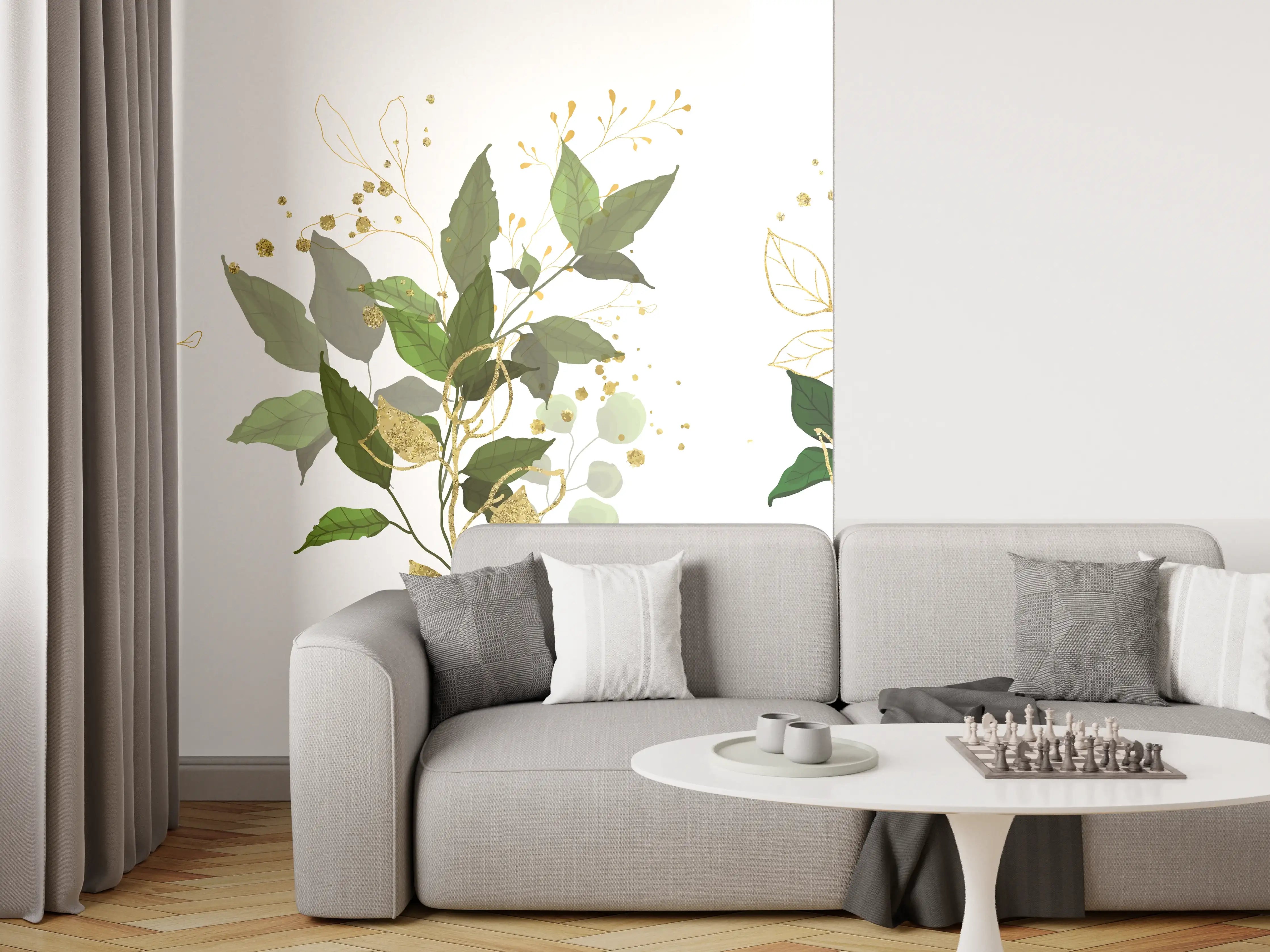Wandverkleidung Wohnzimmer - Botanik Gold Grün Dekor