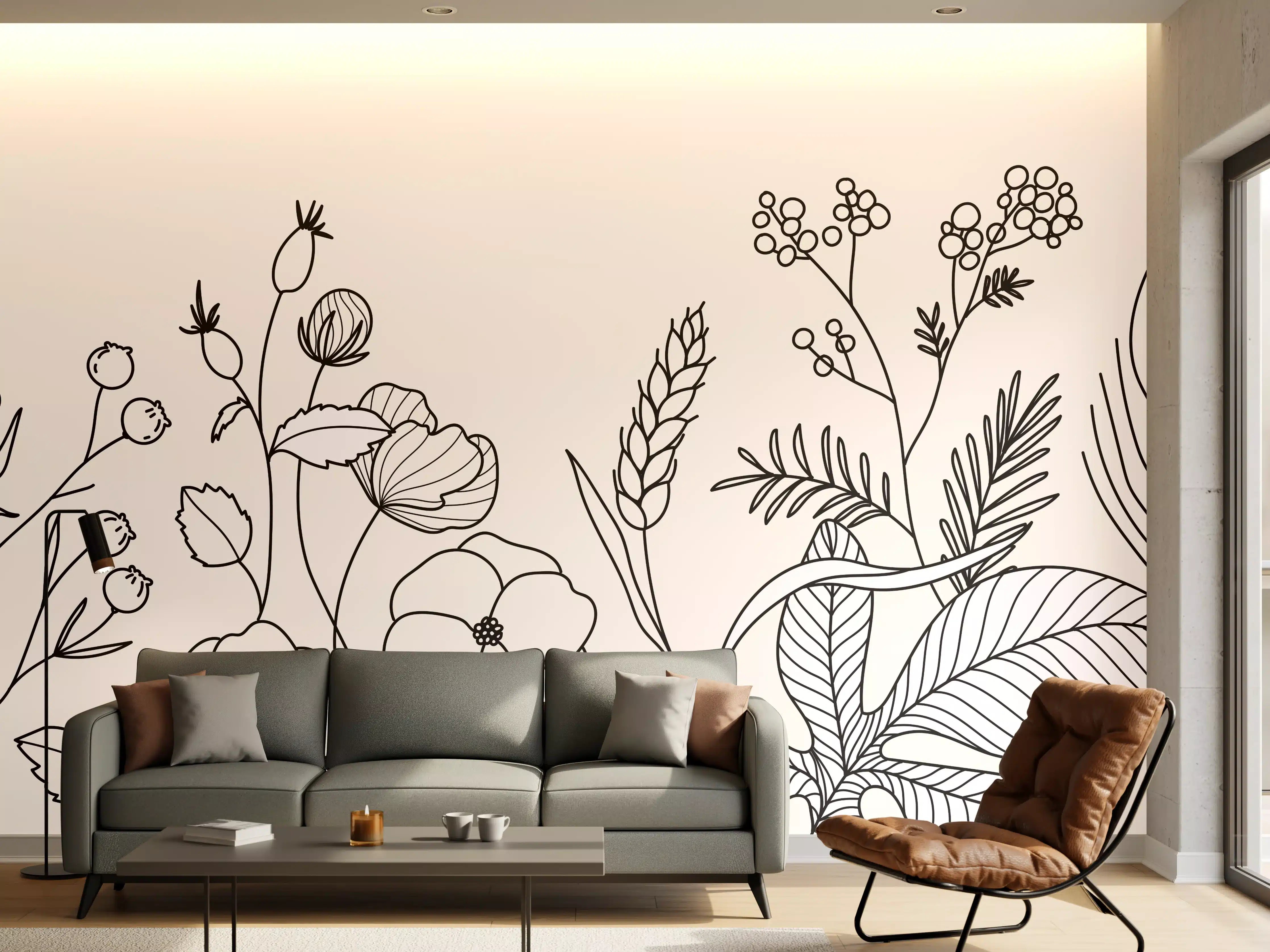 Wandverkleidung Wohnzimmer - Botanische Linienzeichnung