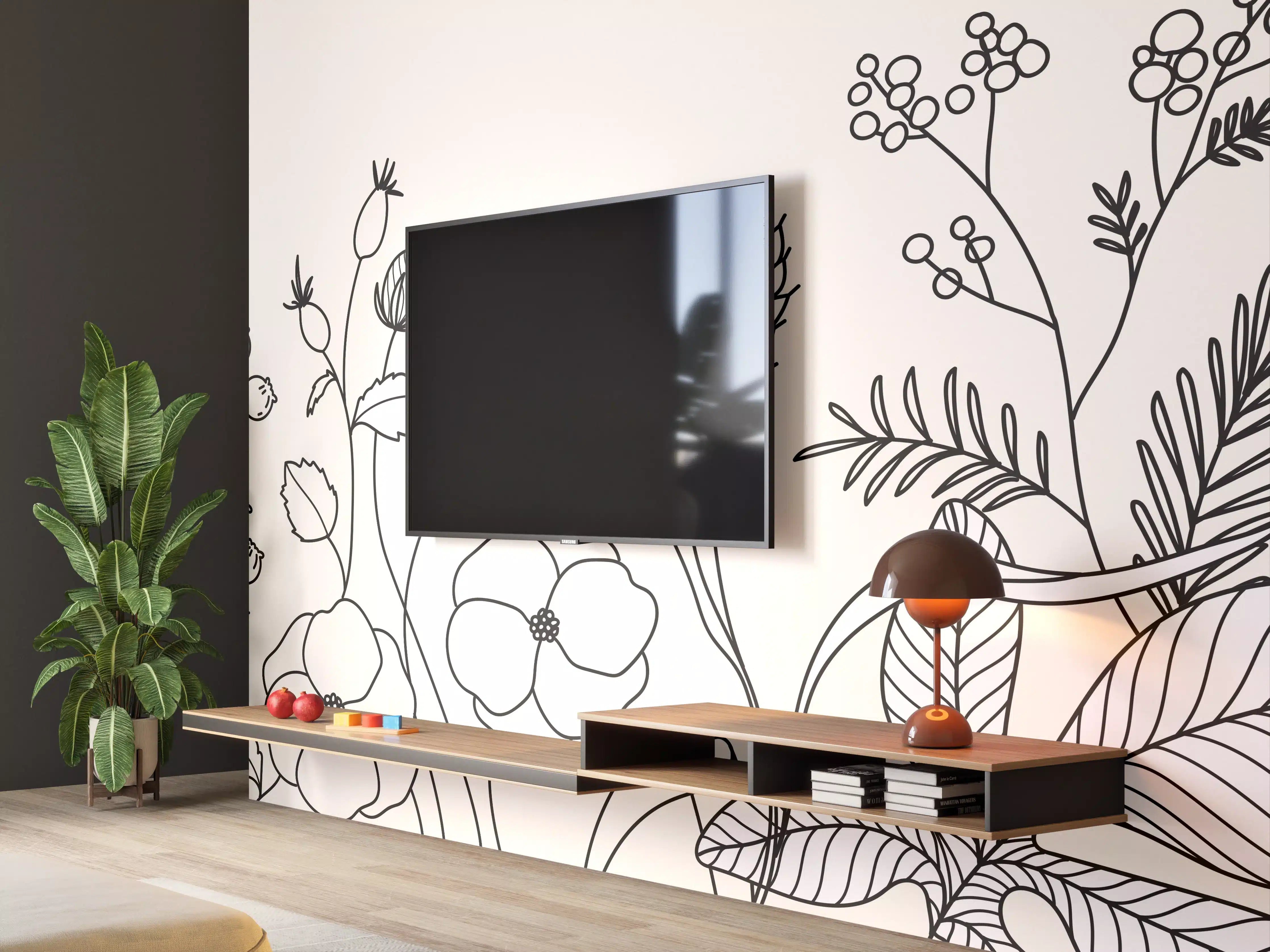 Wandverkleidung Wohnzimmer - Botanische Linienzeichnung