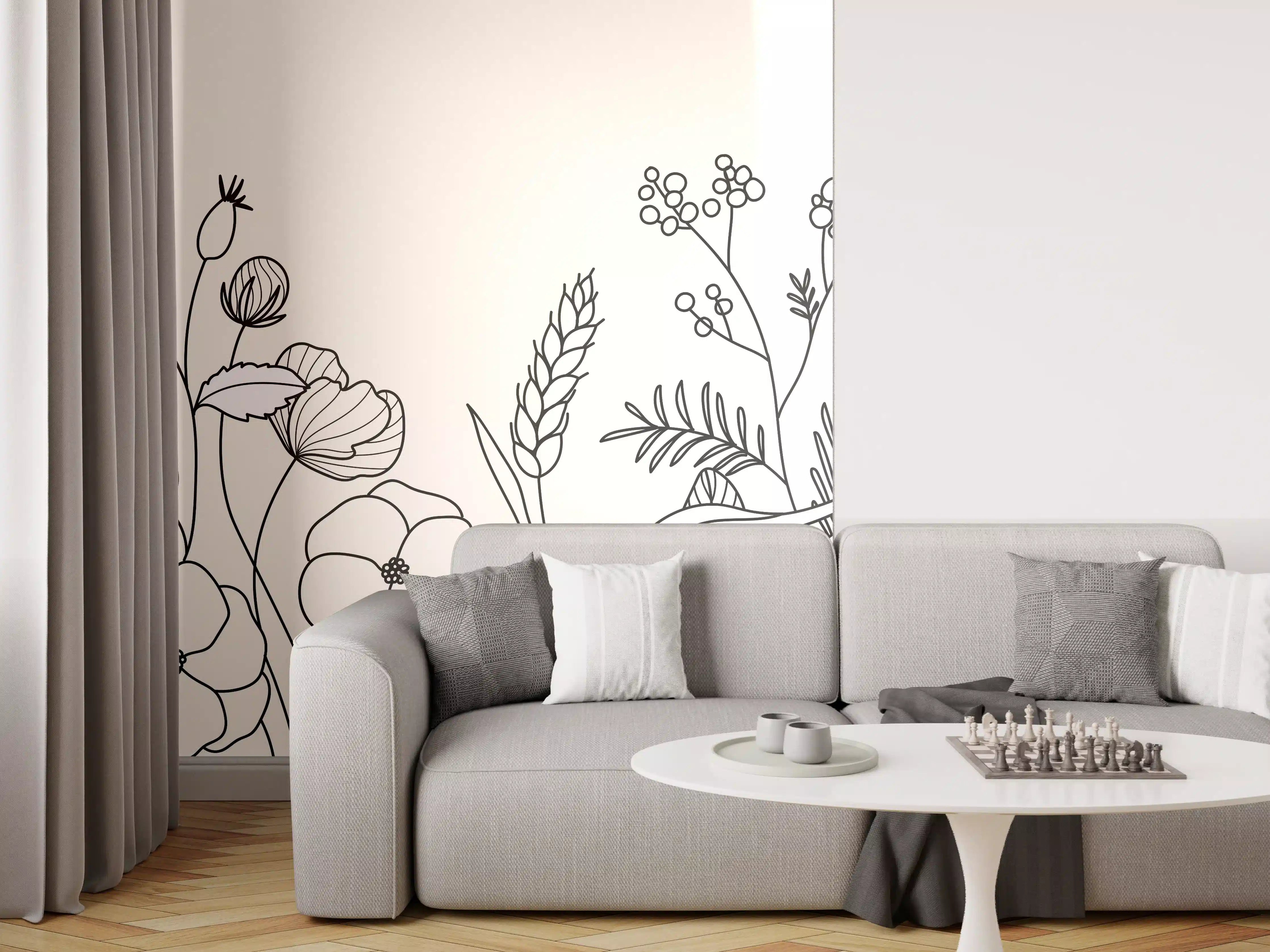 Wandverkleidung Wohnzimmer - Botanische Linienzeichnung