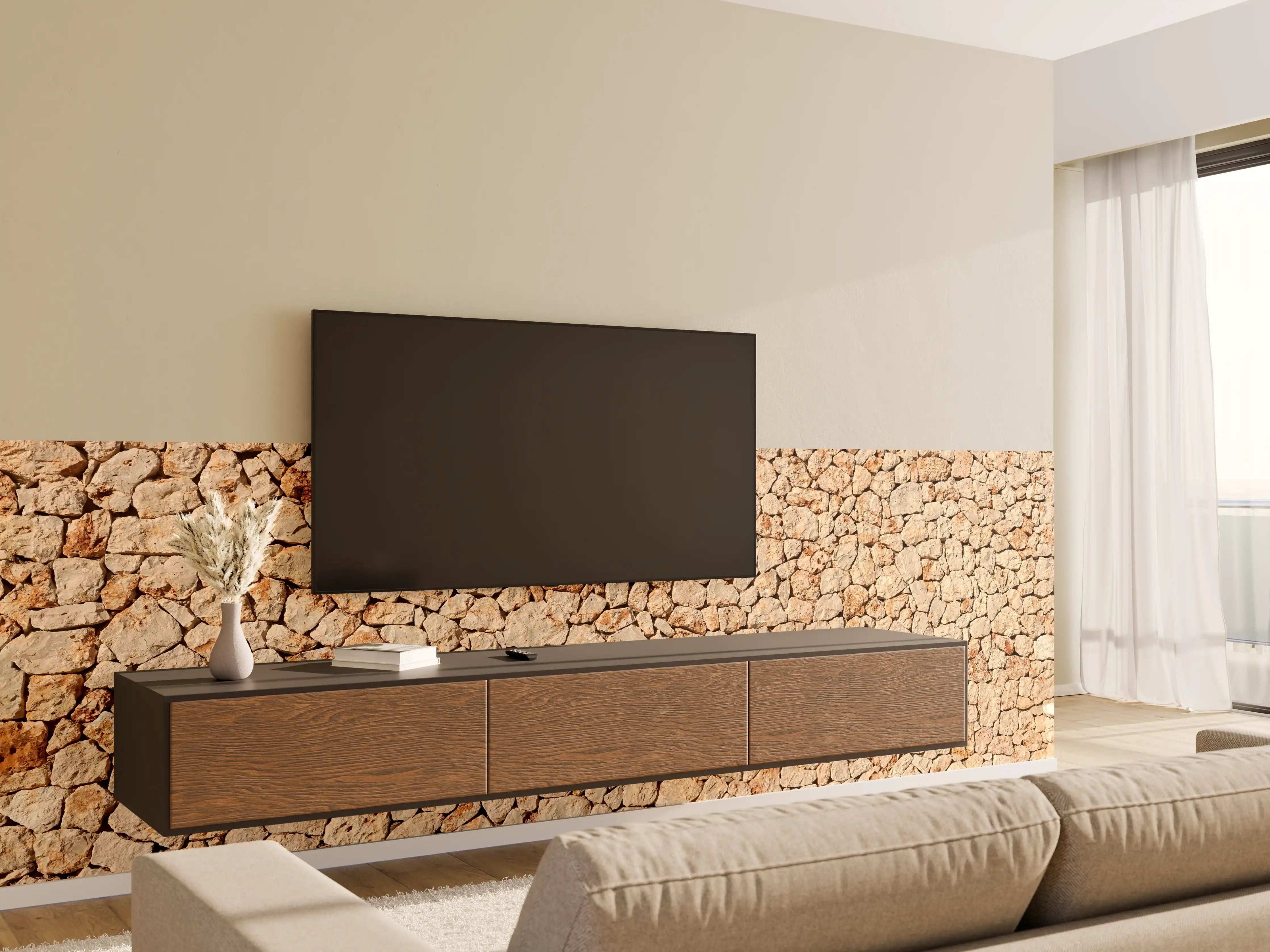 Wandverkleidung Wohnzimmer - Bräunliche Panorama-Textur Steinmauer