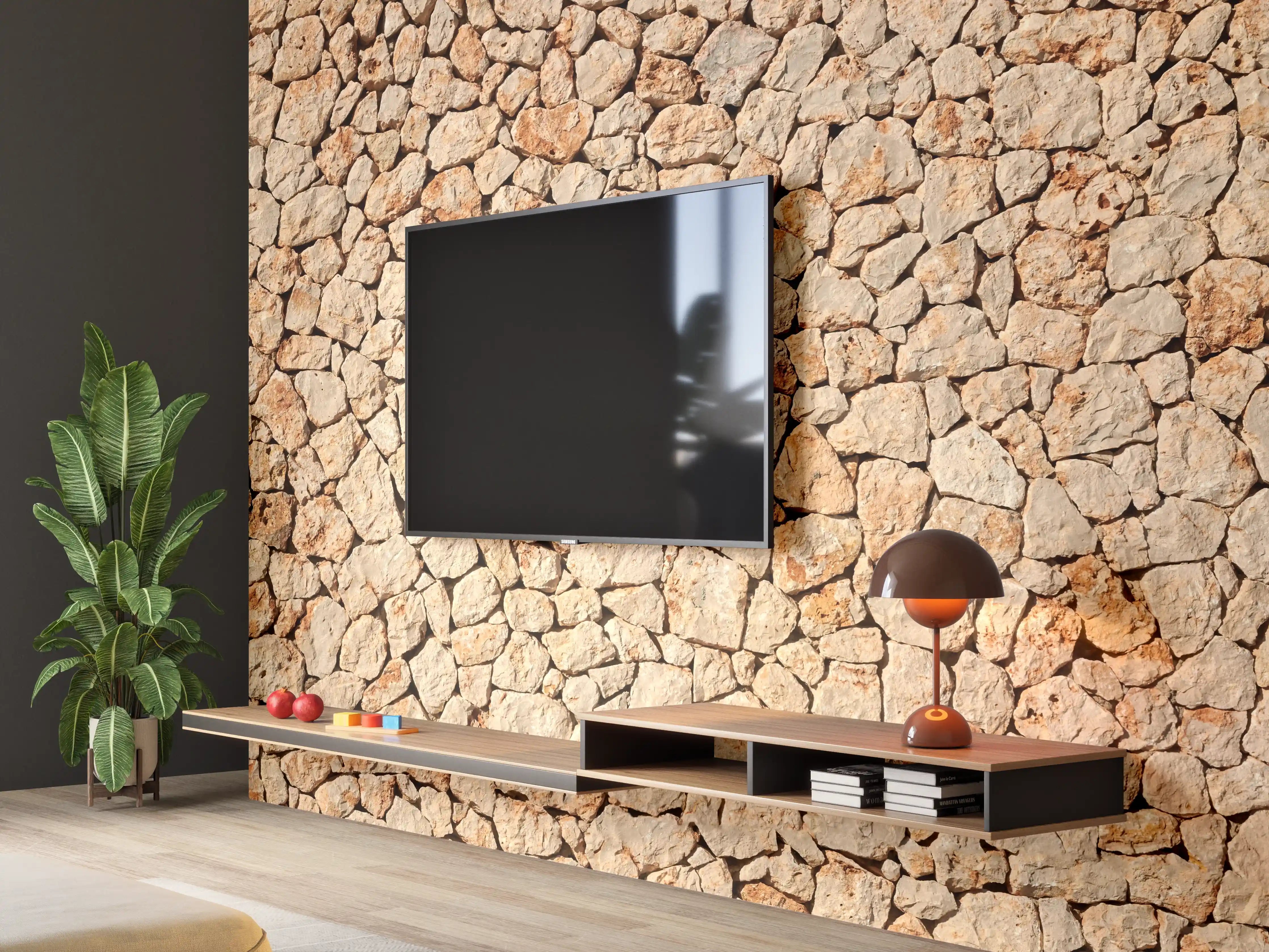 Wandverkleidung Wohnzimmer - Bräunliche Panorama-Textur Steinmauer