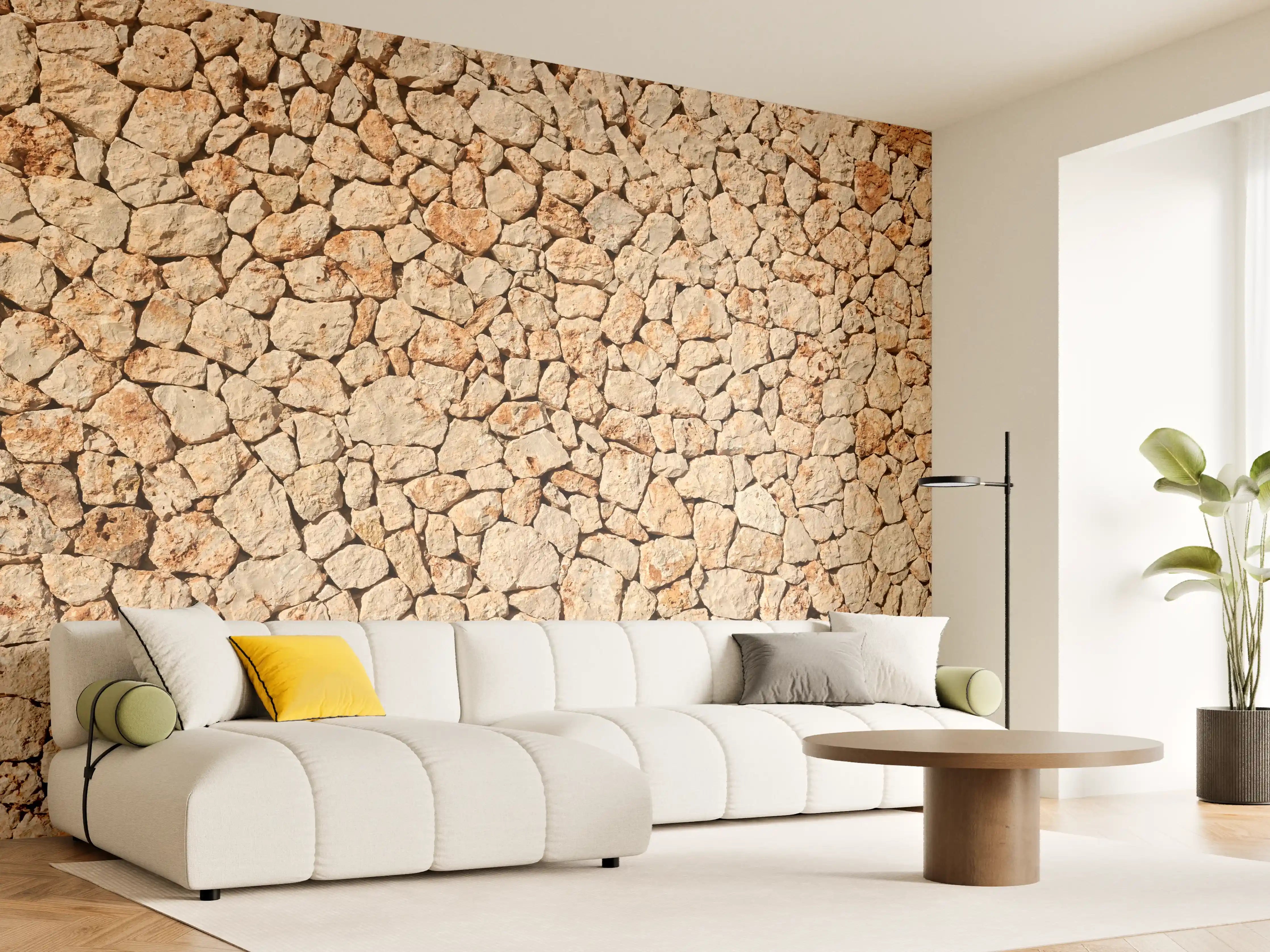 Wandverkleidung Wohnzimmer - Bräunliche Panorama-Textur Steinmauer