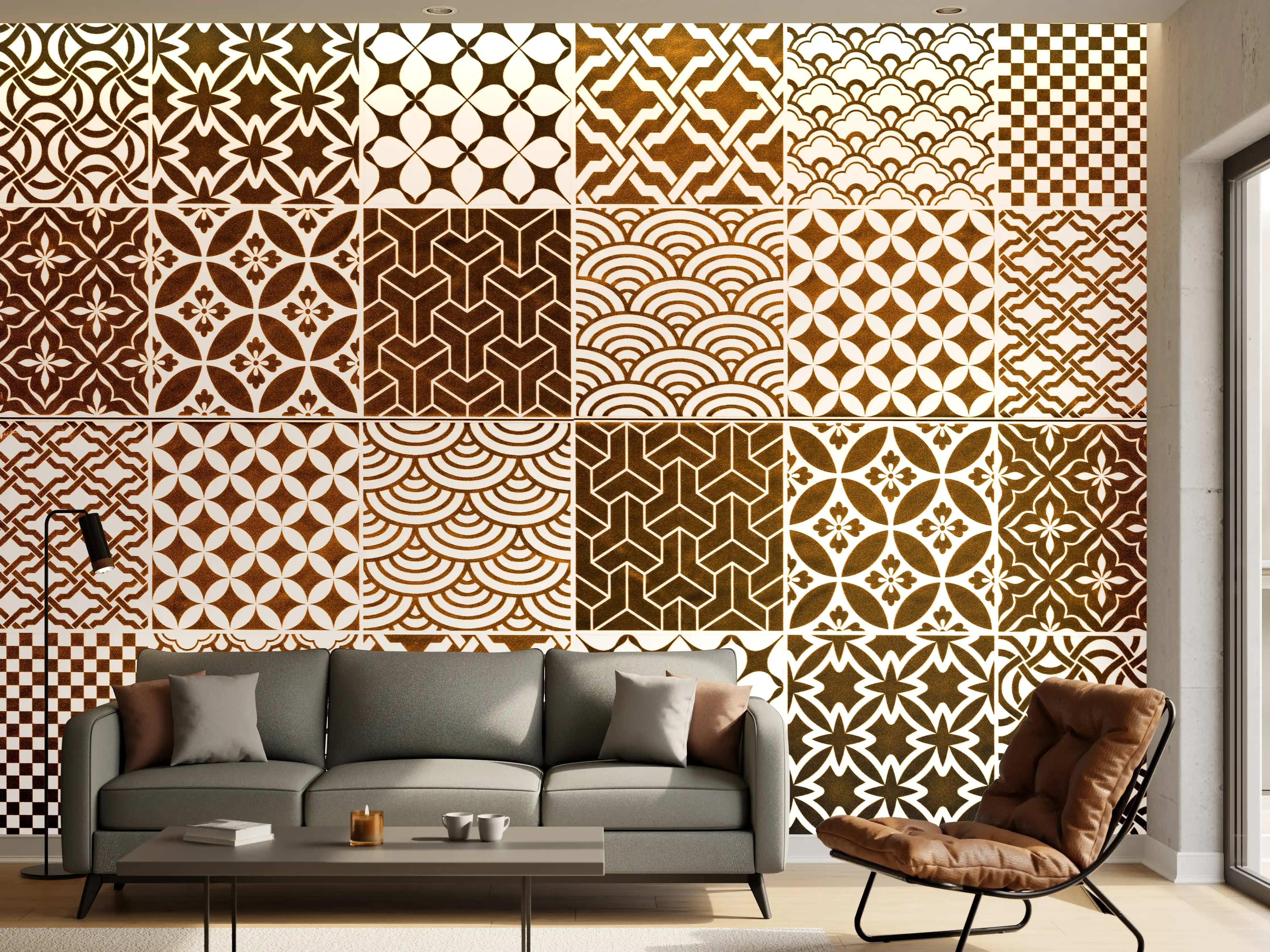 Wandverkleidung Wohnzimmer - Braun-Beige geometrisch Mosaik