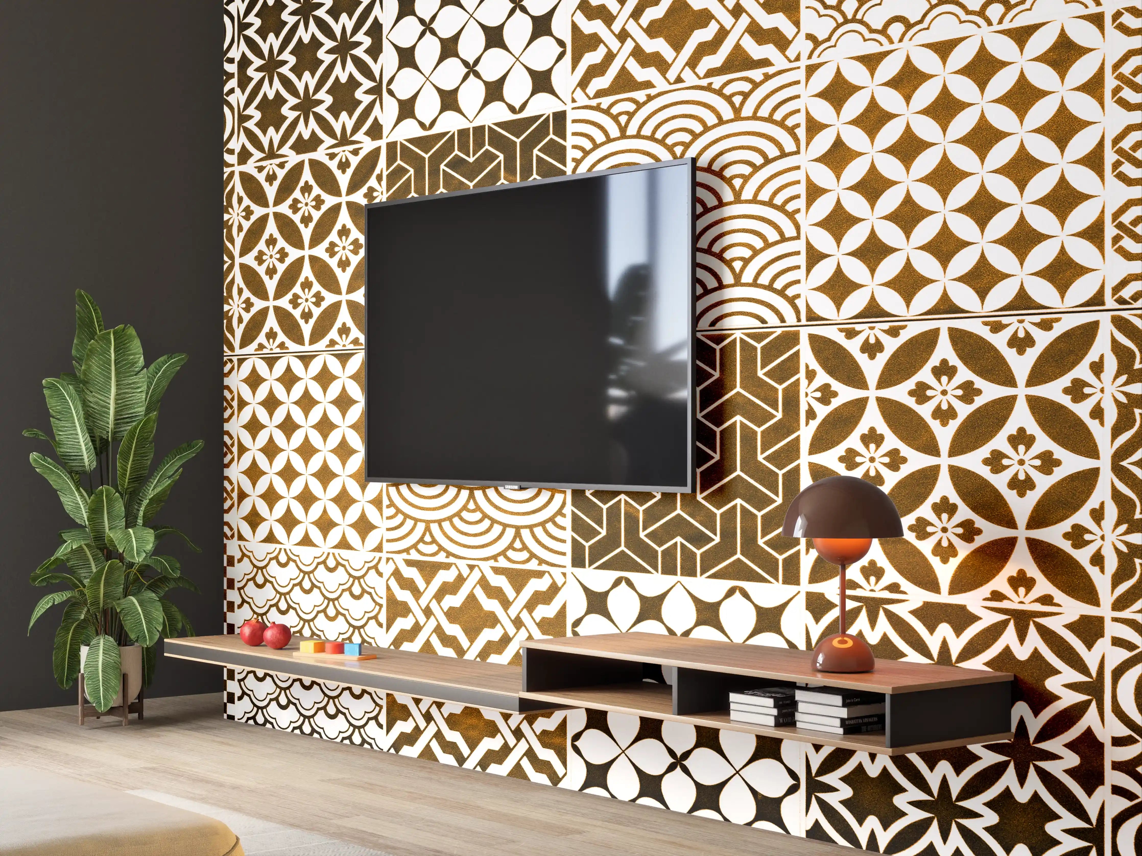Wandverkleidung Wohnzimmer - Braun-Beige geometrisch Mosaik