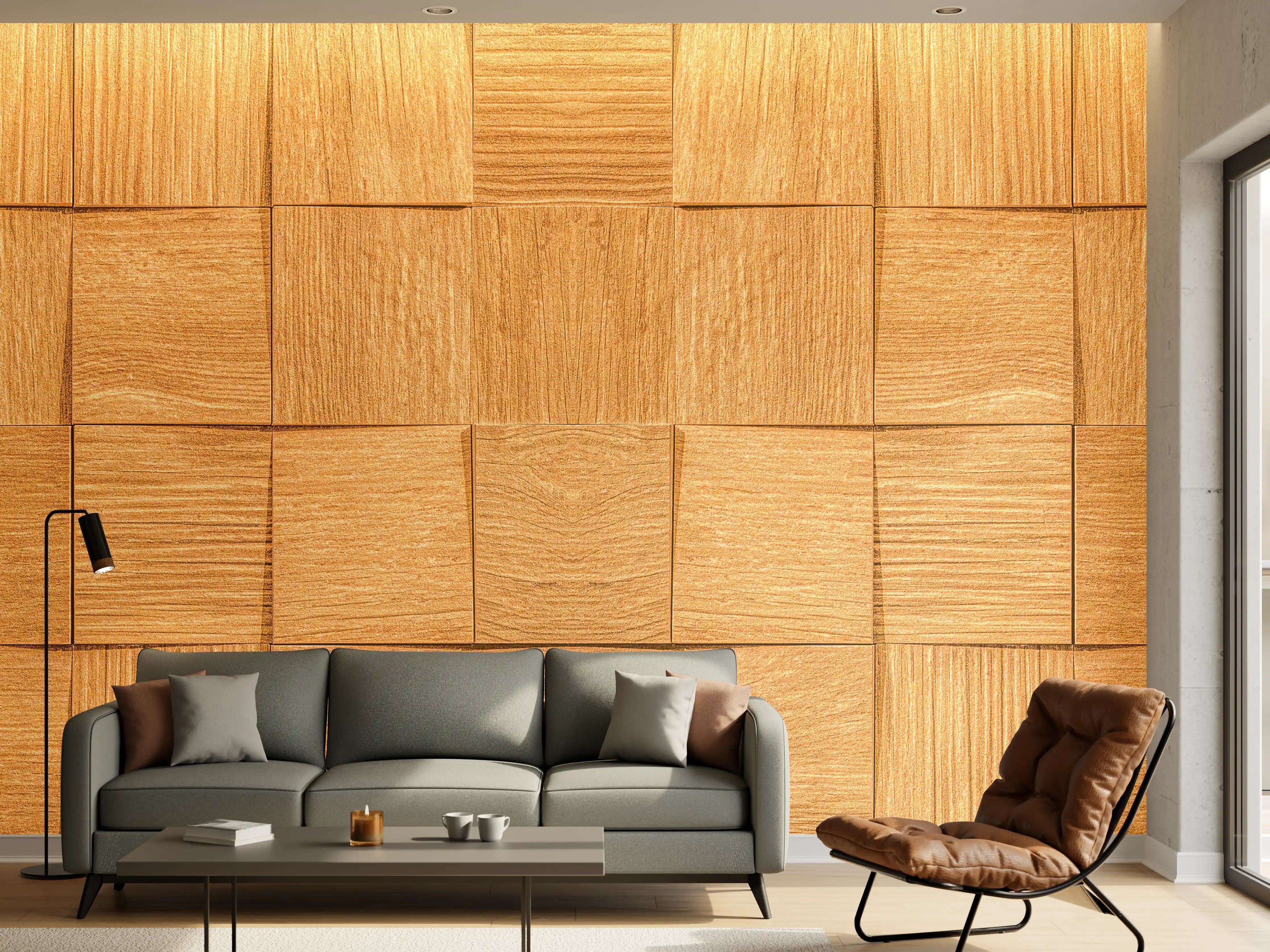 Wandverkleidung Wohnzimmer - Braune Holzwürfeltextur