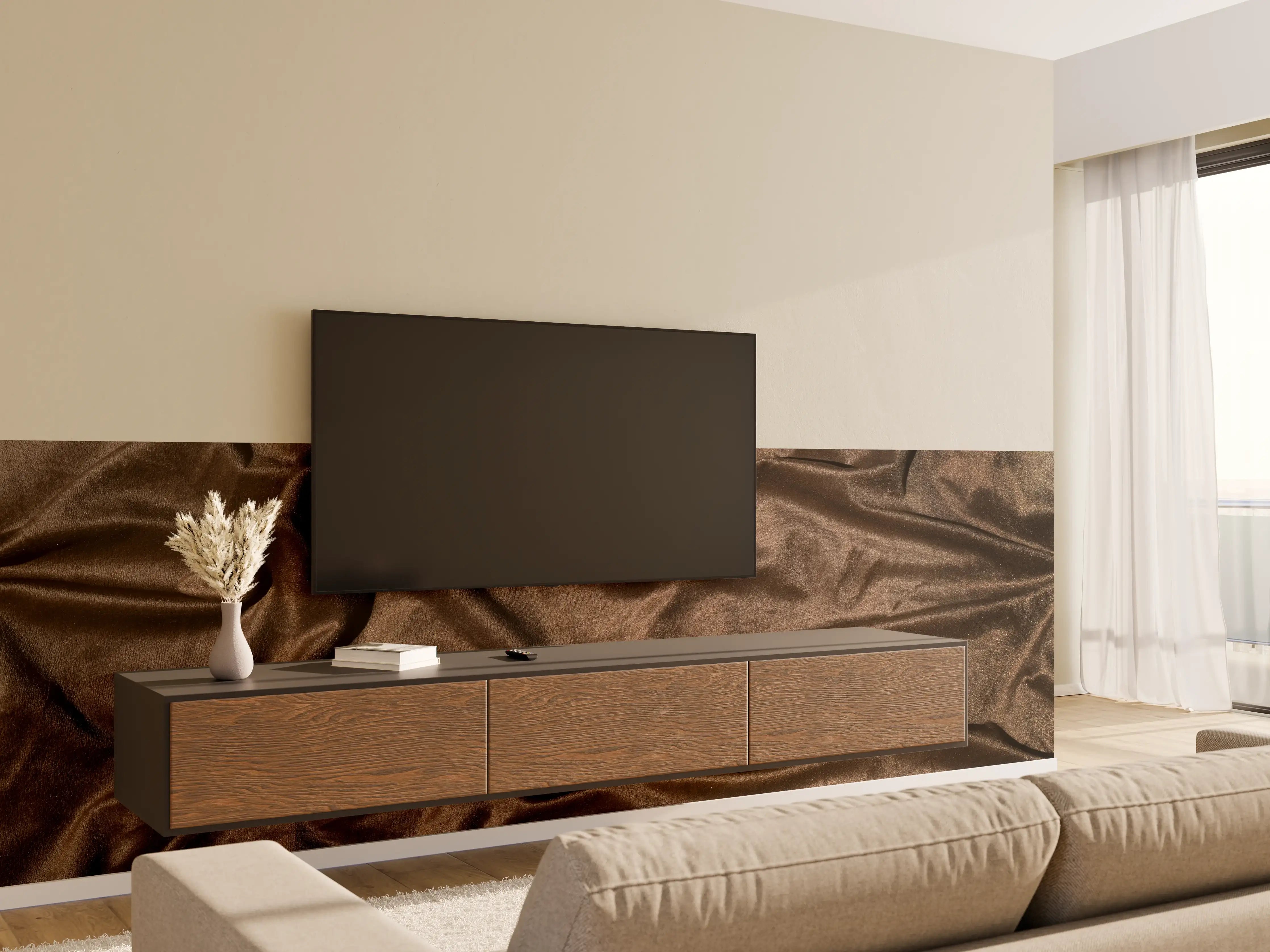 Wandverkleidung Wohnzimmer - Braune Satin Seide