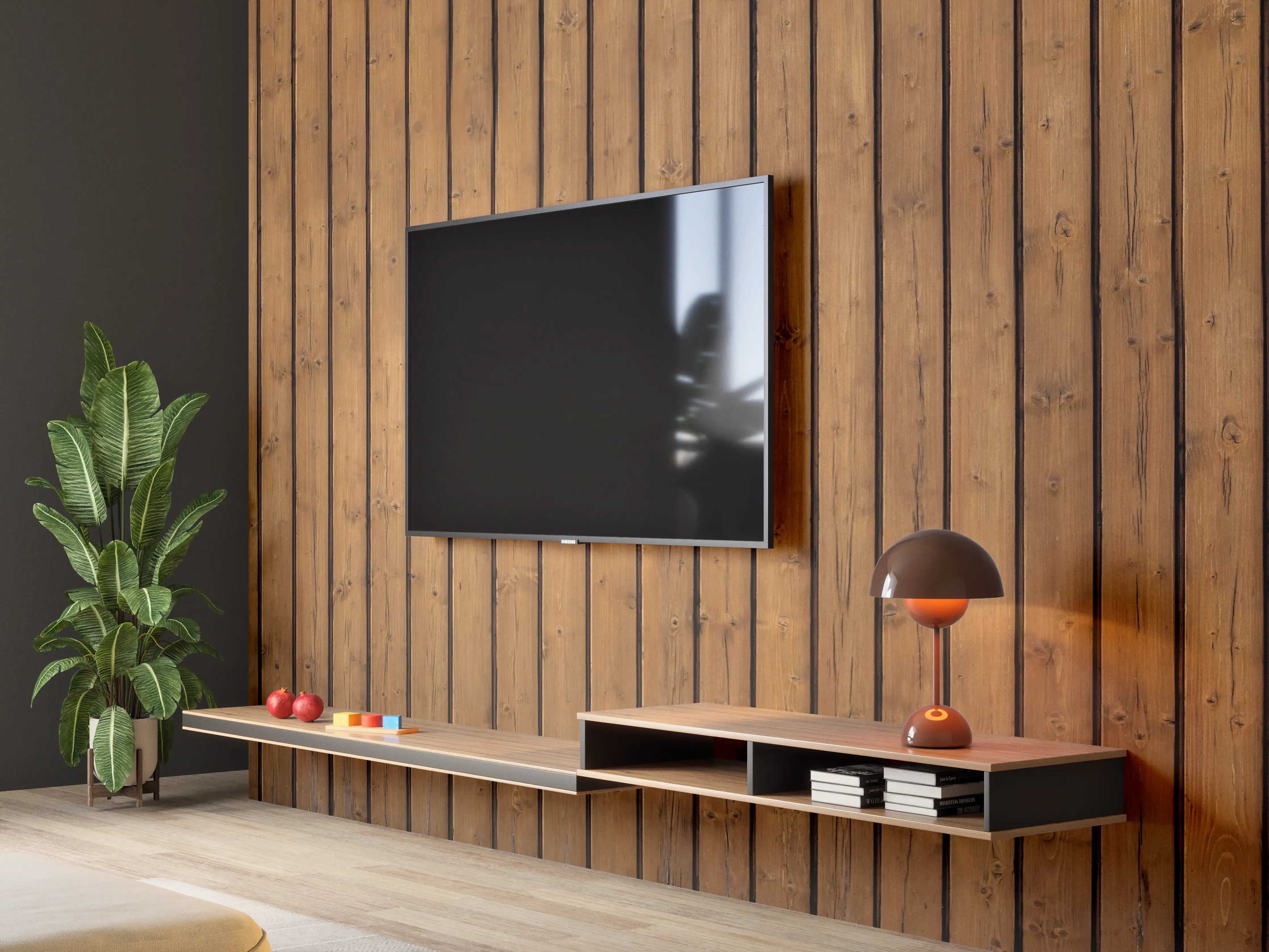 Wandverkleidung Wohnzimmer - Braune vertikale Holzdielen