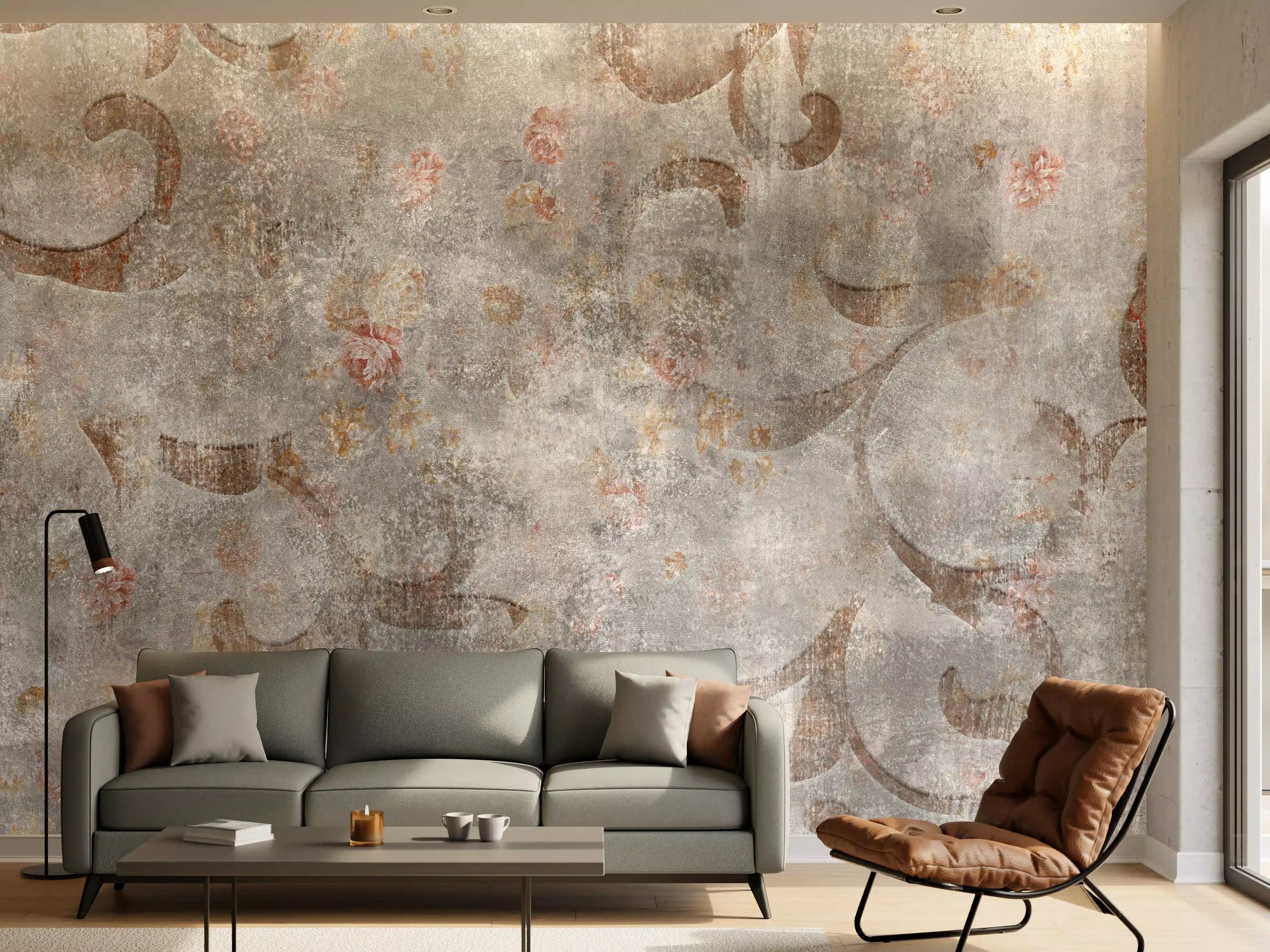 Wandverkleidung Wohnzimmer - Braunes Blätter Muster auf gräulichem Zement
