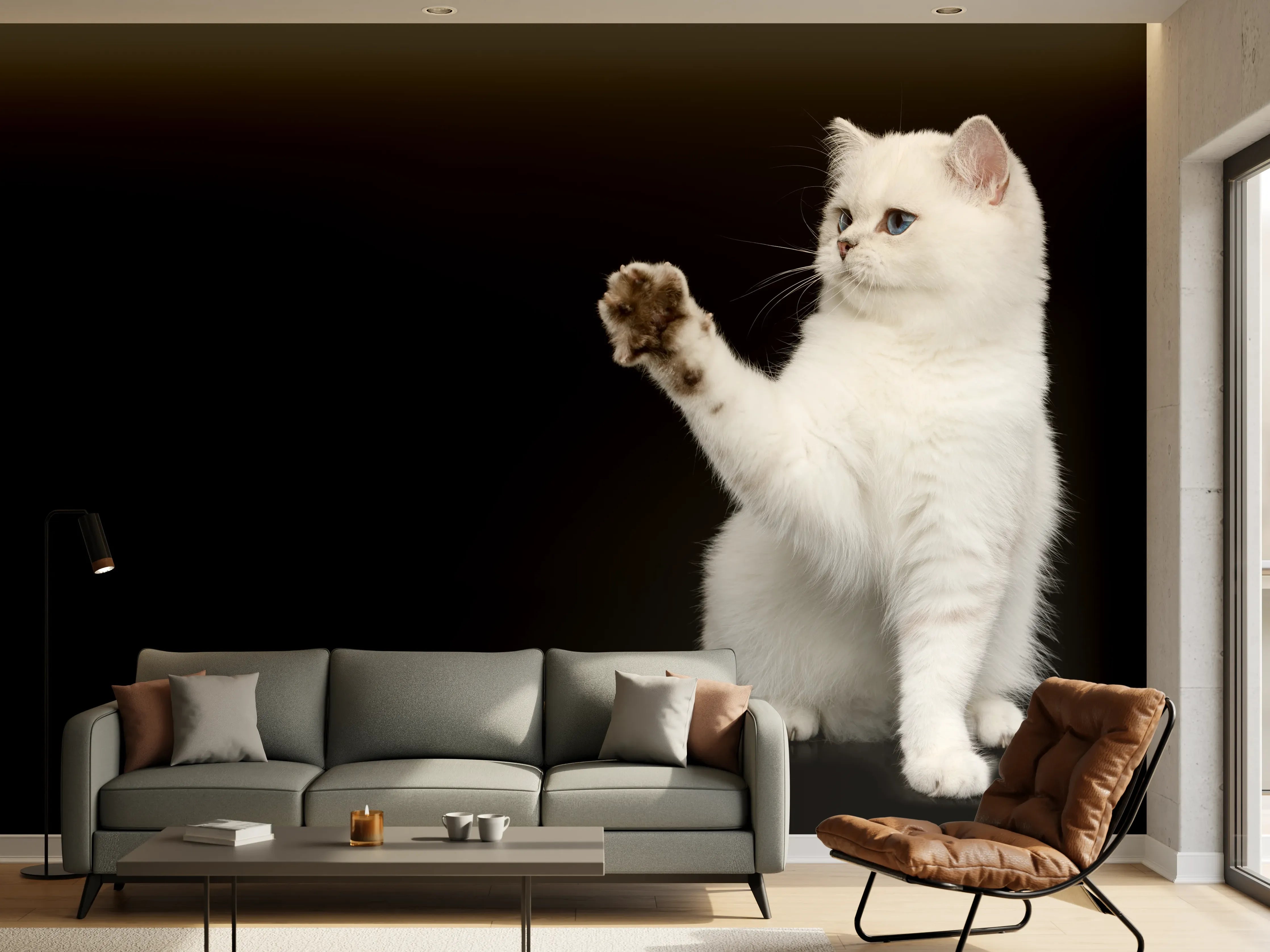Wandverkleidung Wohnzimmer - British weiße Katze