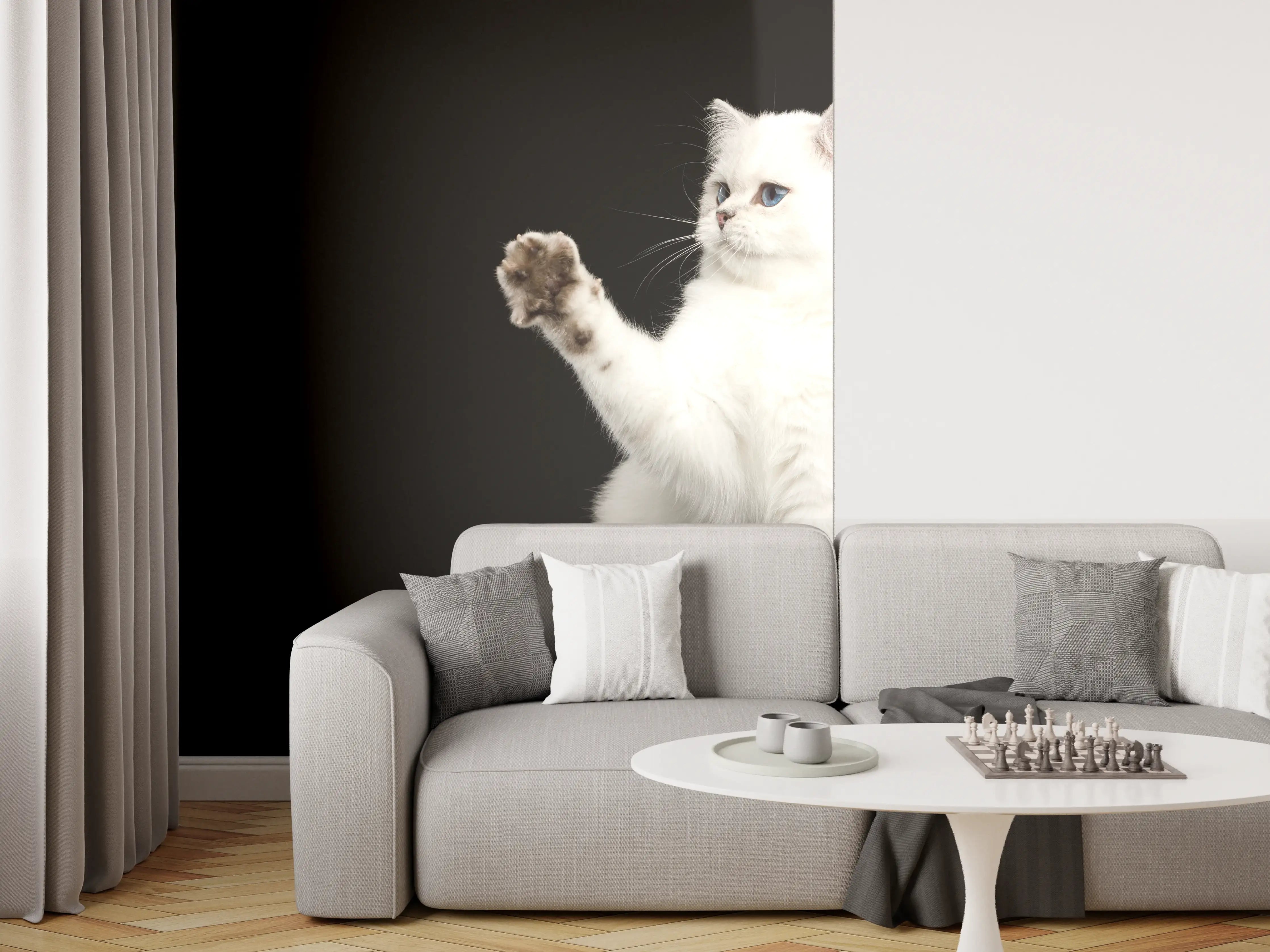 Wandverkleidung Wohnzimmer - British weiße Katze