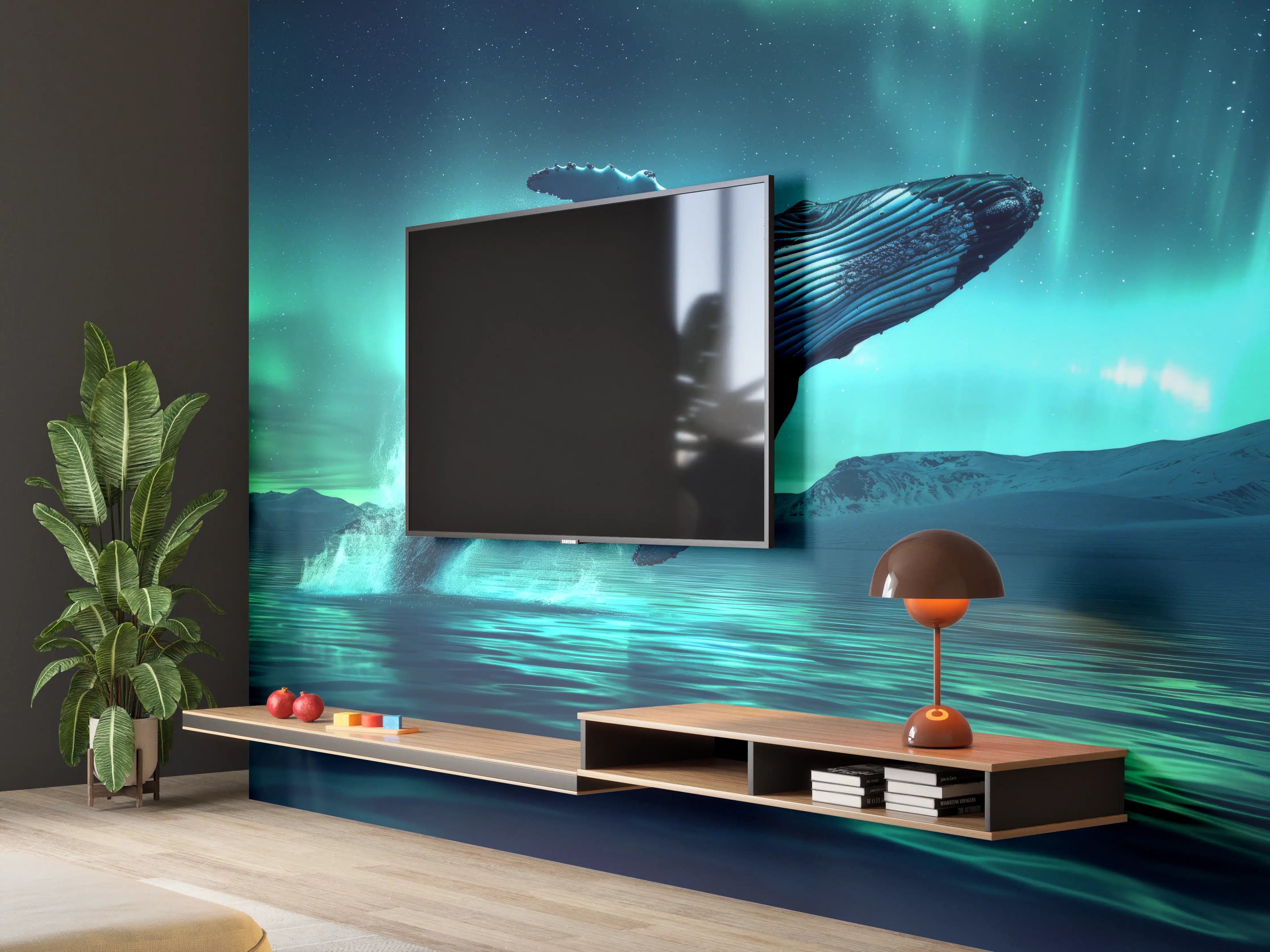 Wandverkleidung Wohnzimmer - Buckelwal unter Nordlicht Türkis