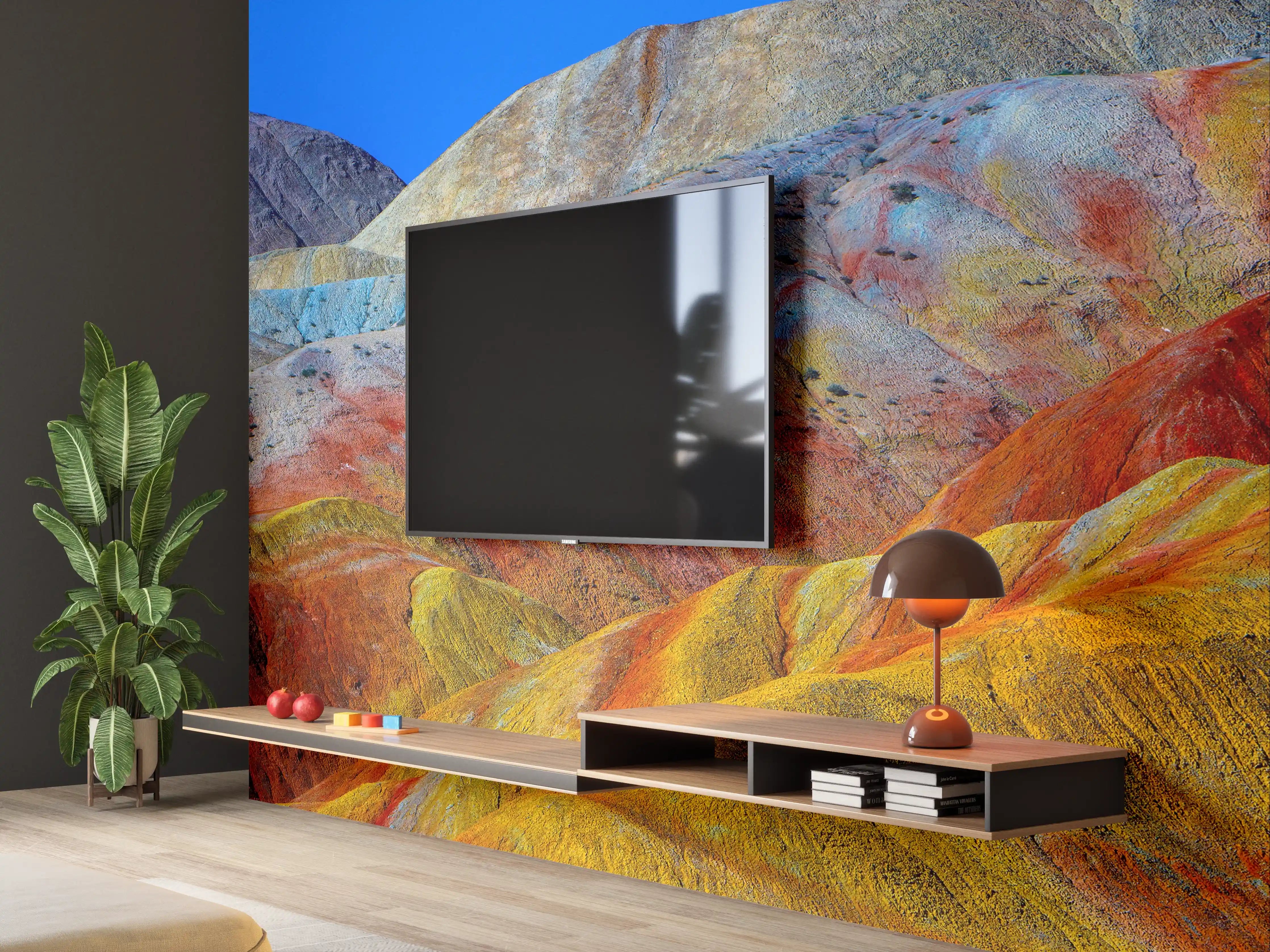 Wandverkleidung Wohnzimmer - Bunte Berglandschaft unter klarem Himmel