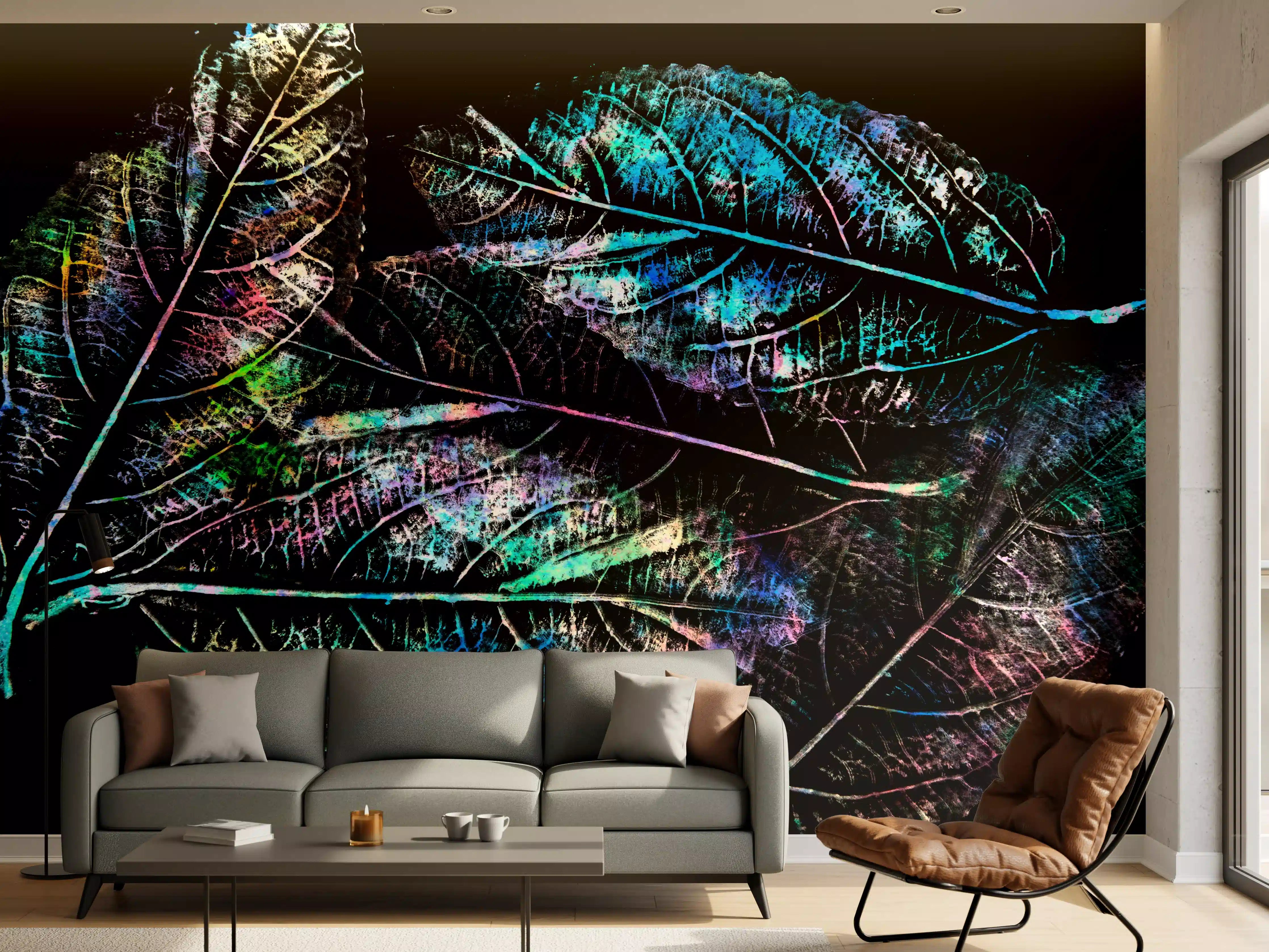 Wandverkleidung Wohnzimmer - Bunte Blätter im Neon-Licht