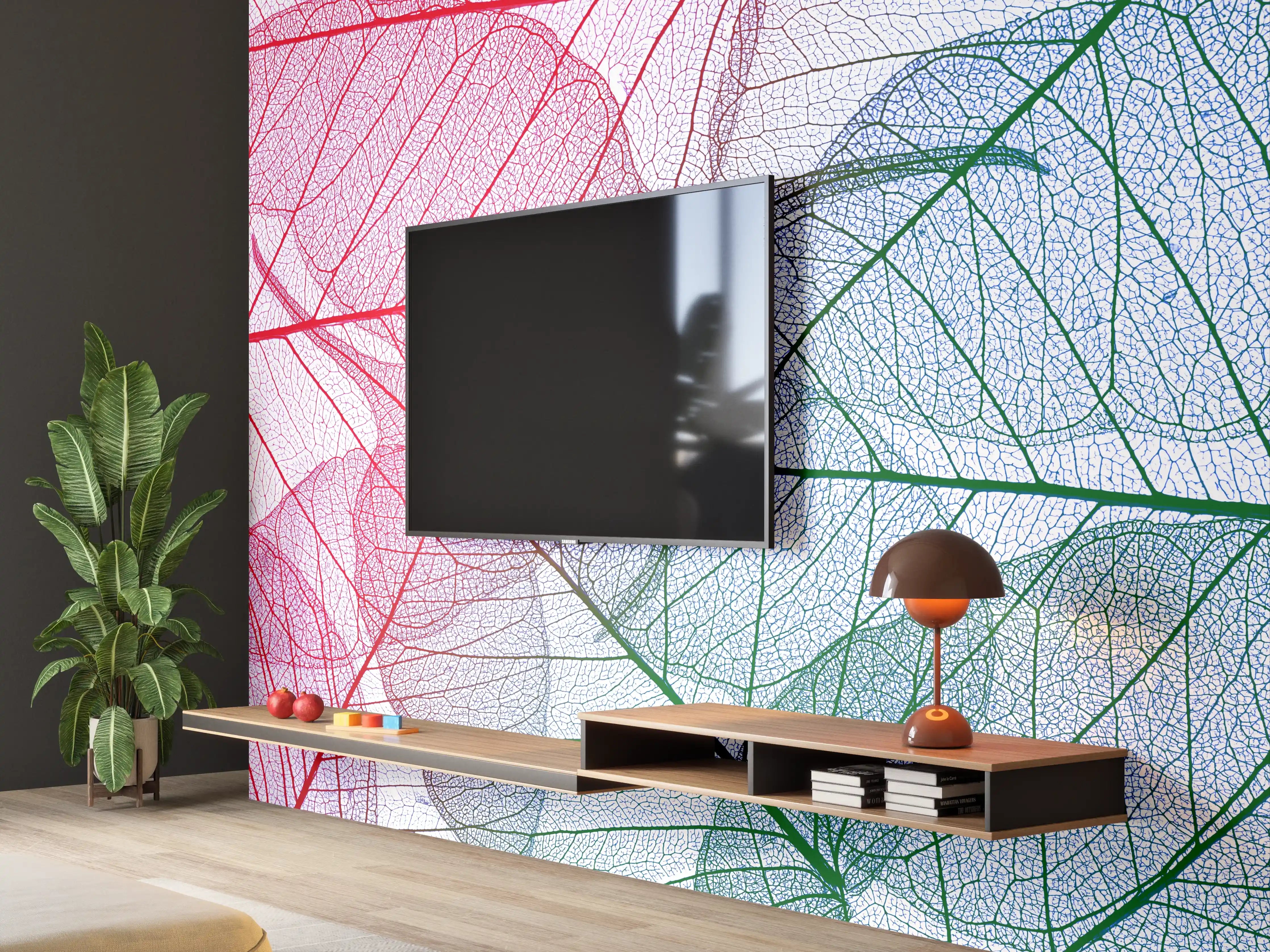 Wandverkleidung Wohnzimmer - Bunte Blätter in zarten Farben