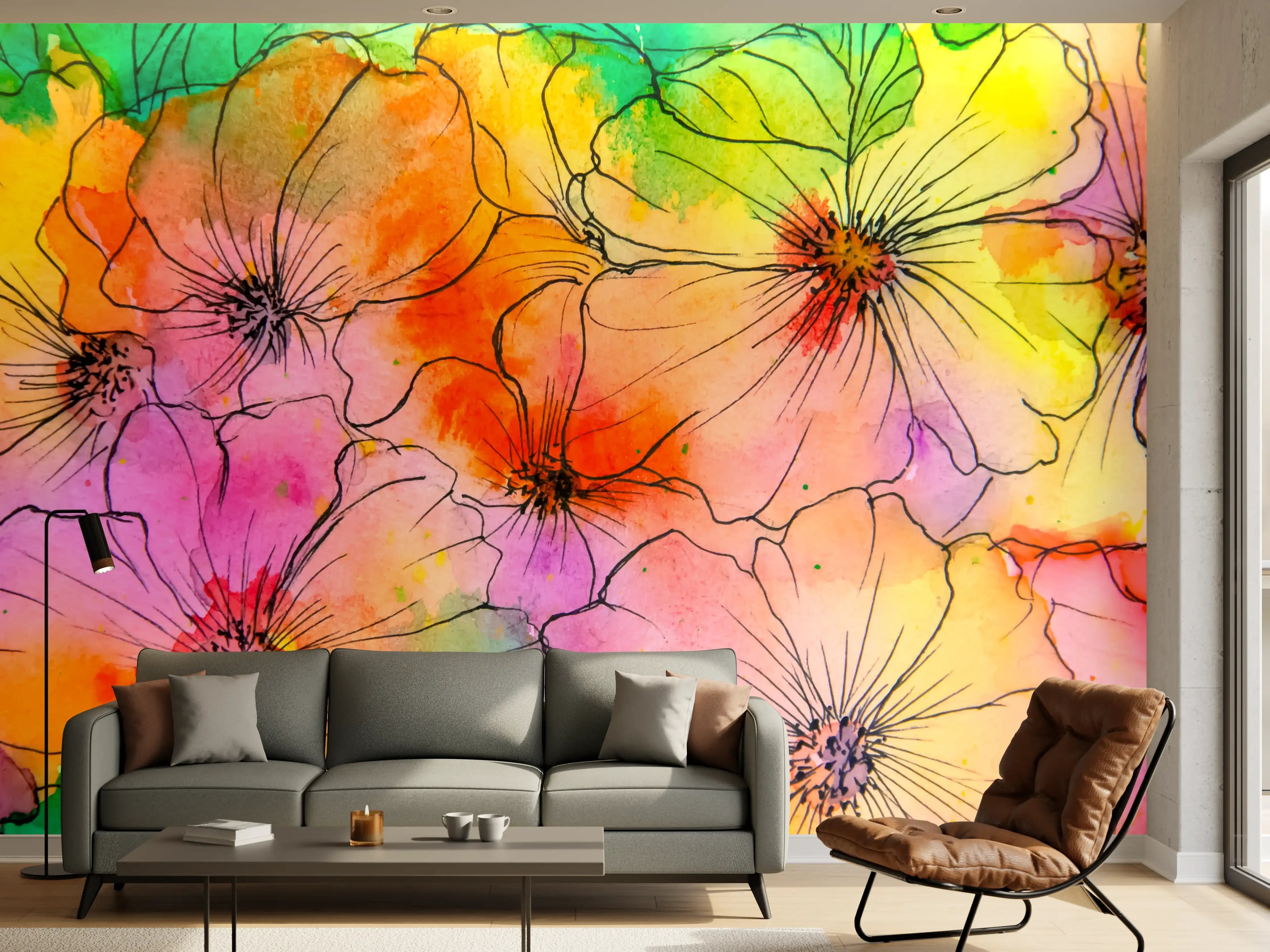 Wandverkleidung Wohnzimmer - Bunte Blumen watercolor