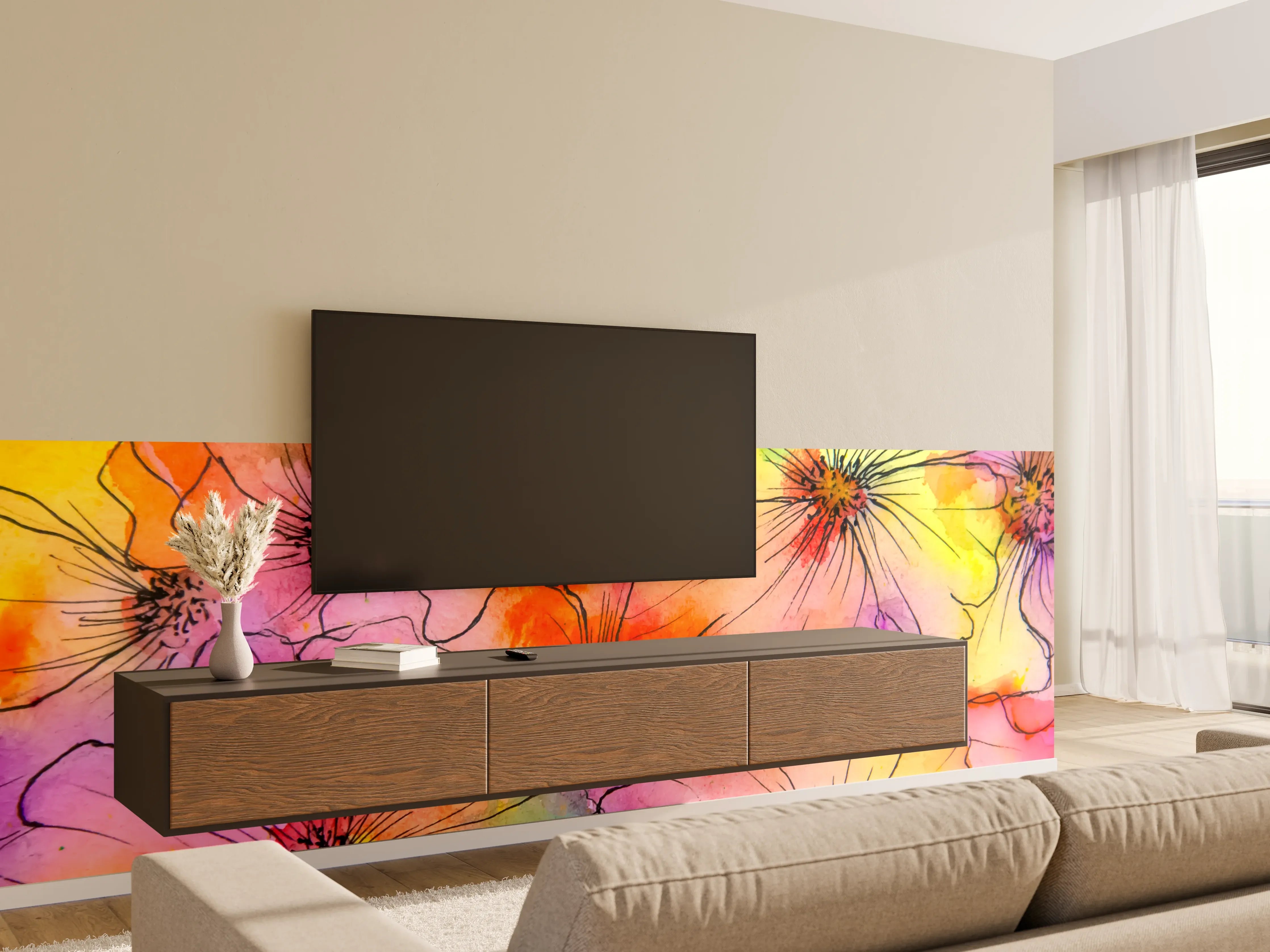 Wandverkleidung Wohnzimmer - Bunte Blumen watercolor