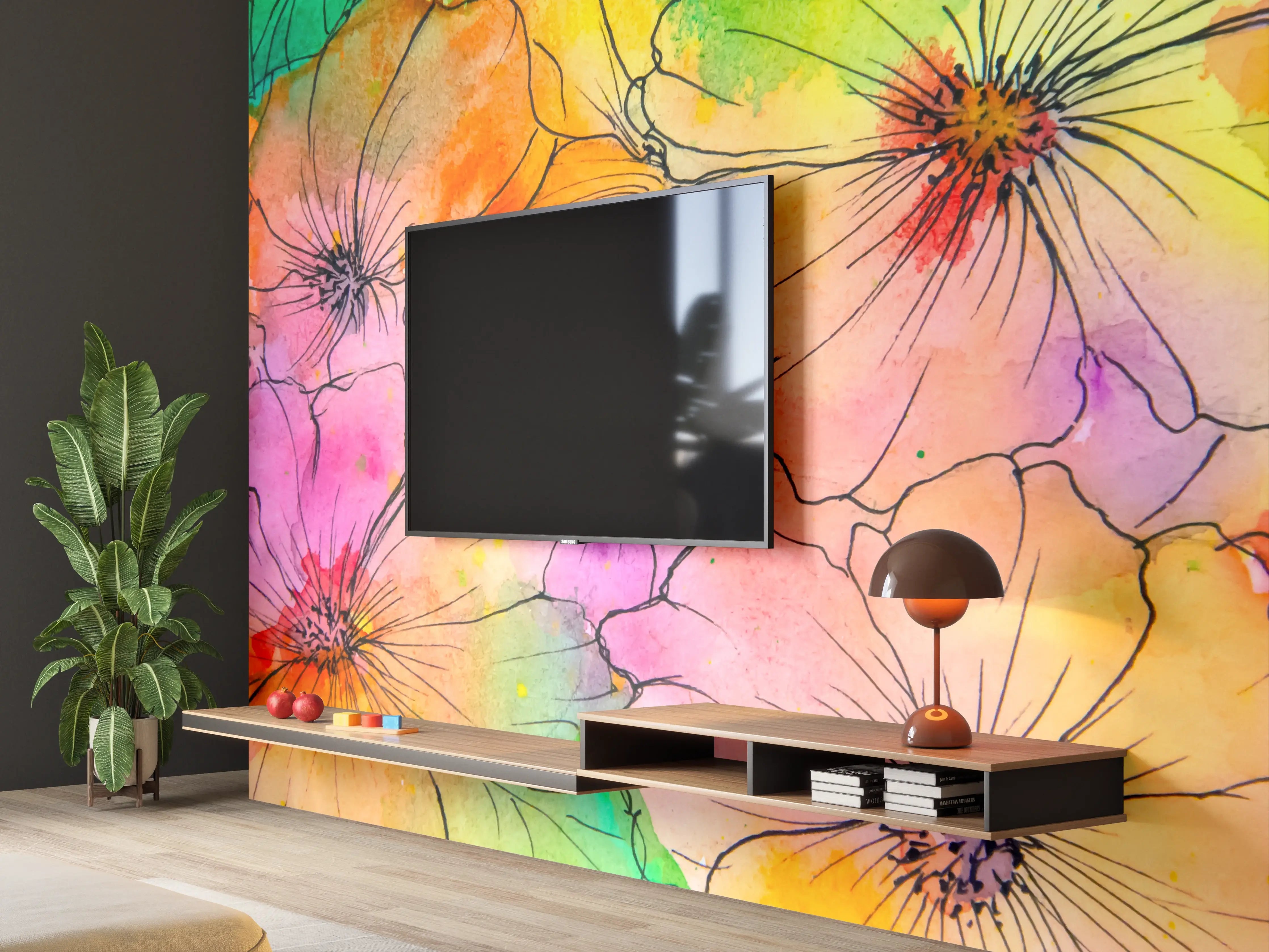 Wandverkleidung Wohnzimmer - Bunte Blumen watercolor