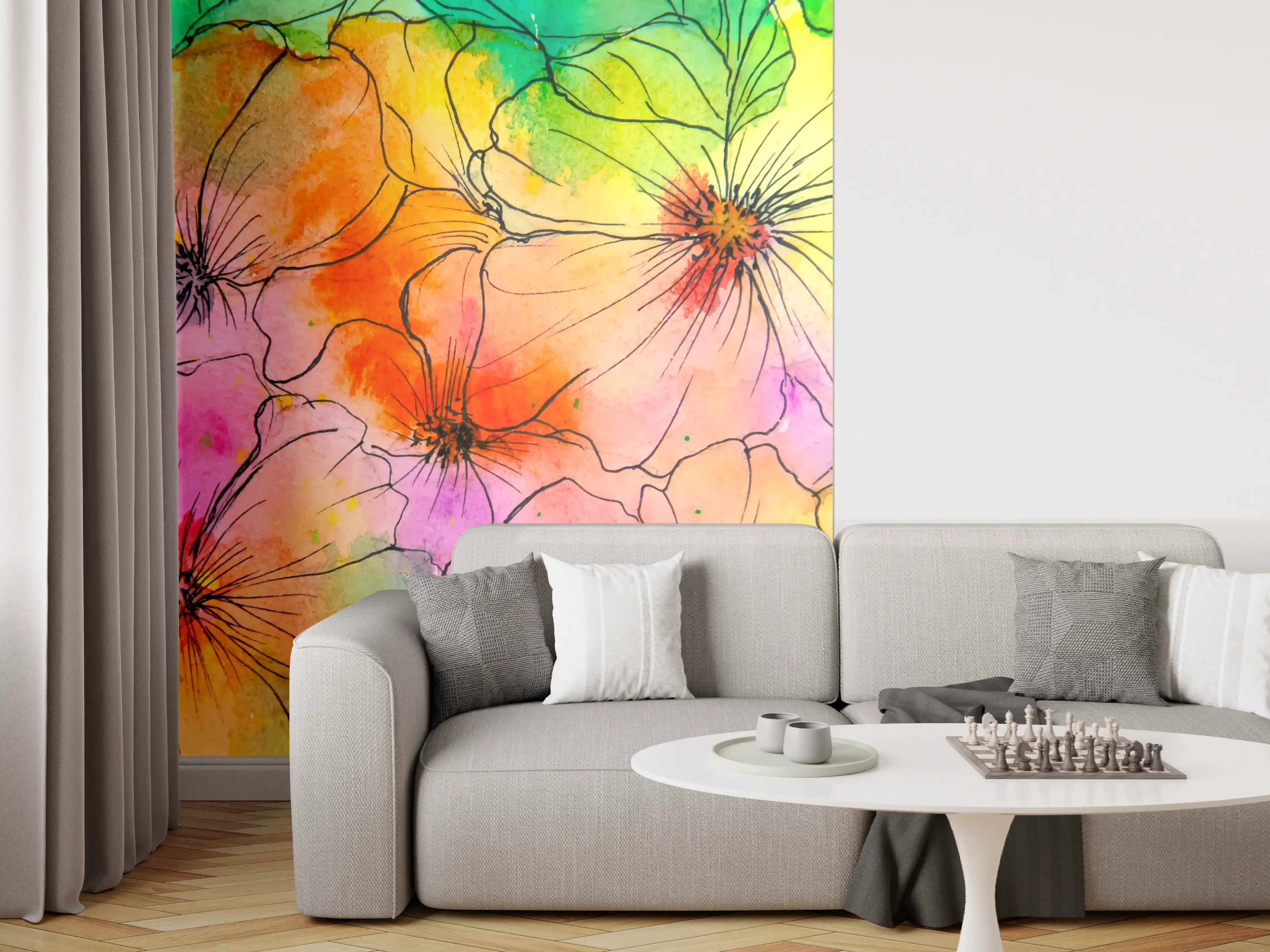 Wandverkleidung Wohnzimmer - Bunte Blumen watercolor