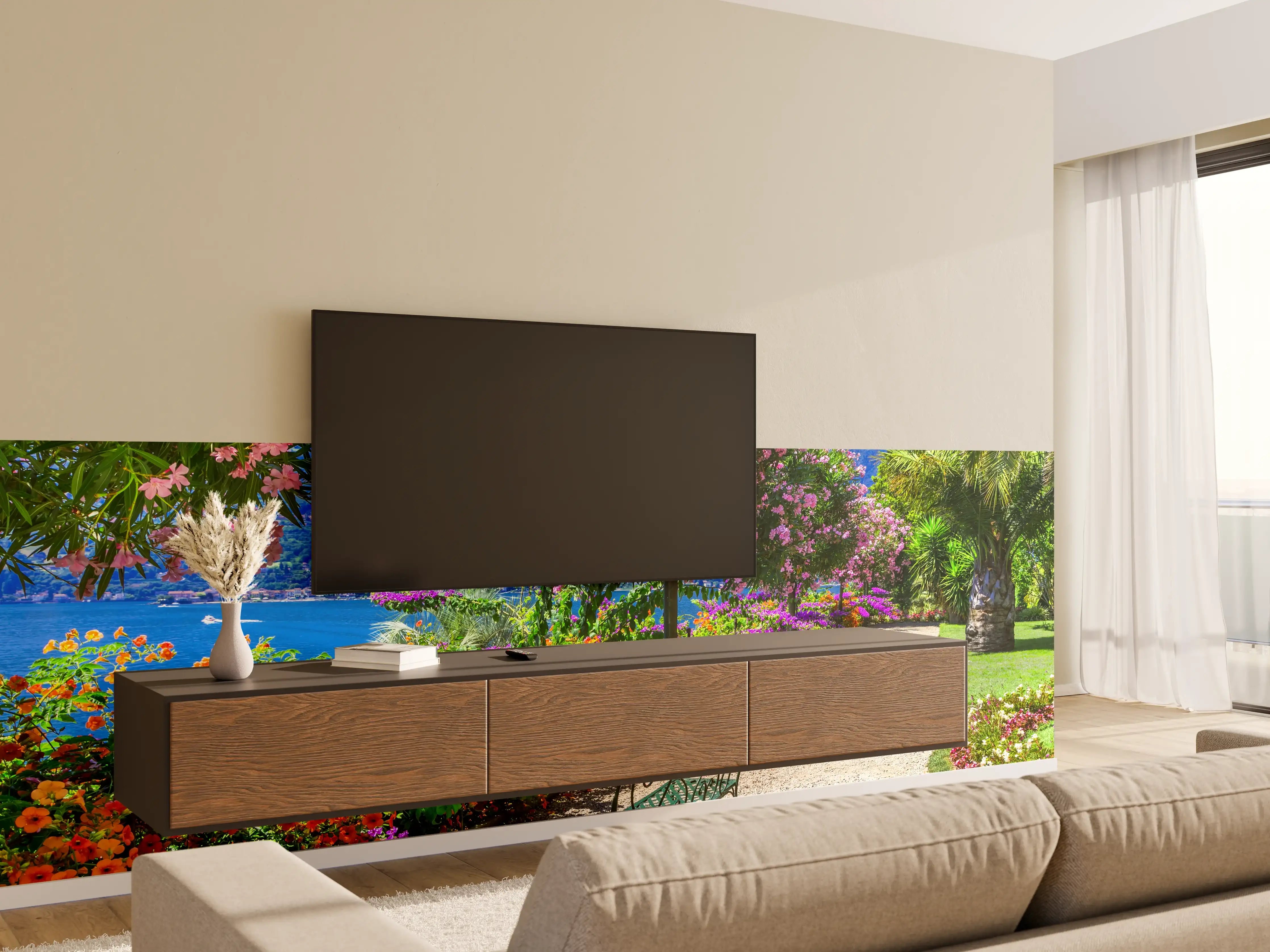 Wandverkleidung Wohnzimmer - Bunte Blumenpracht am See