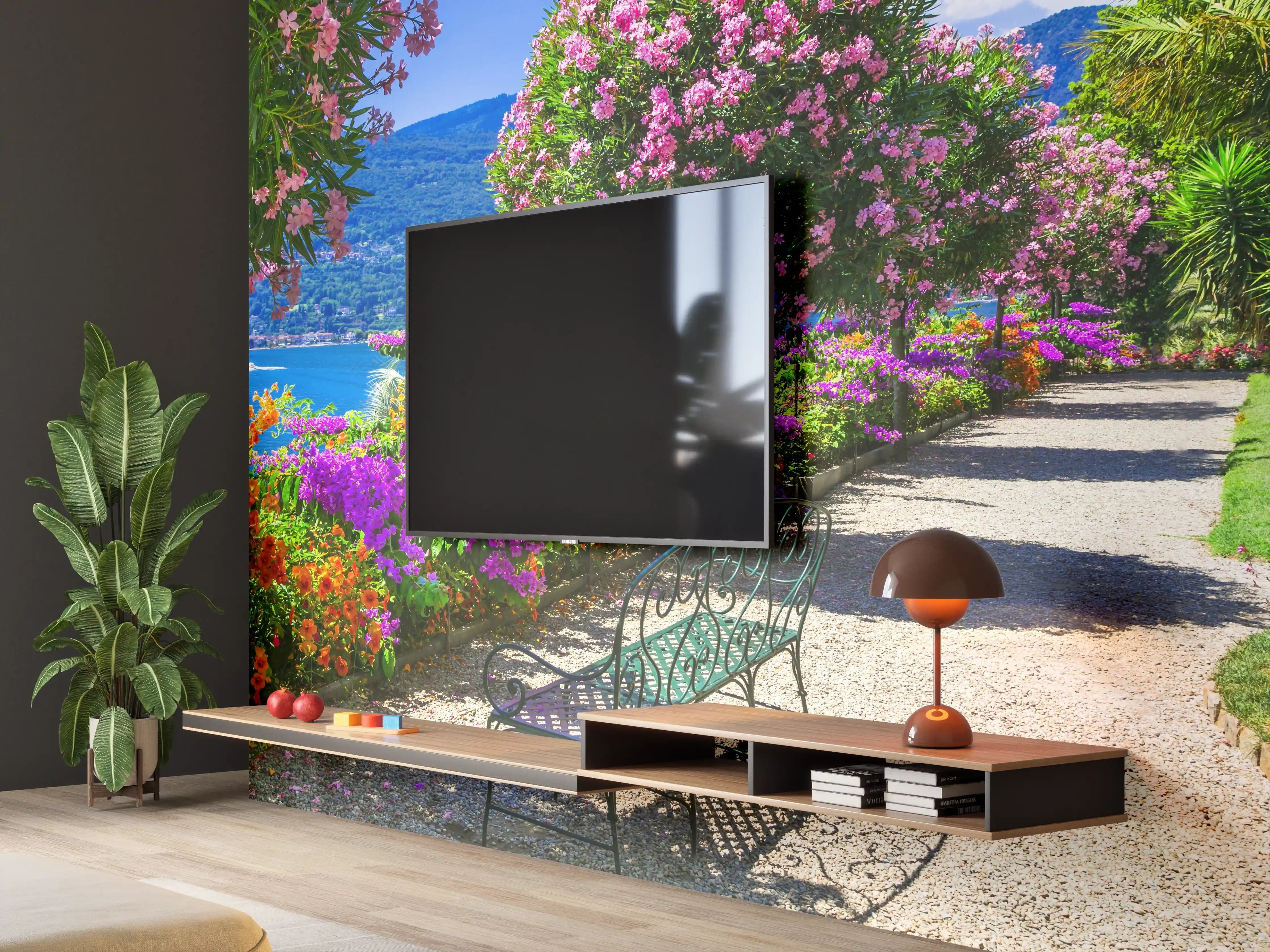 Wandverkleidung Wohnzimmer - Bunte Blumenpracht am See