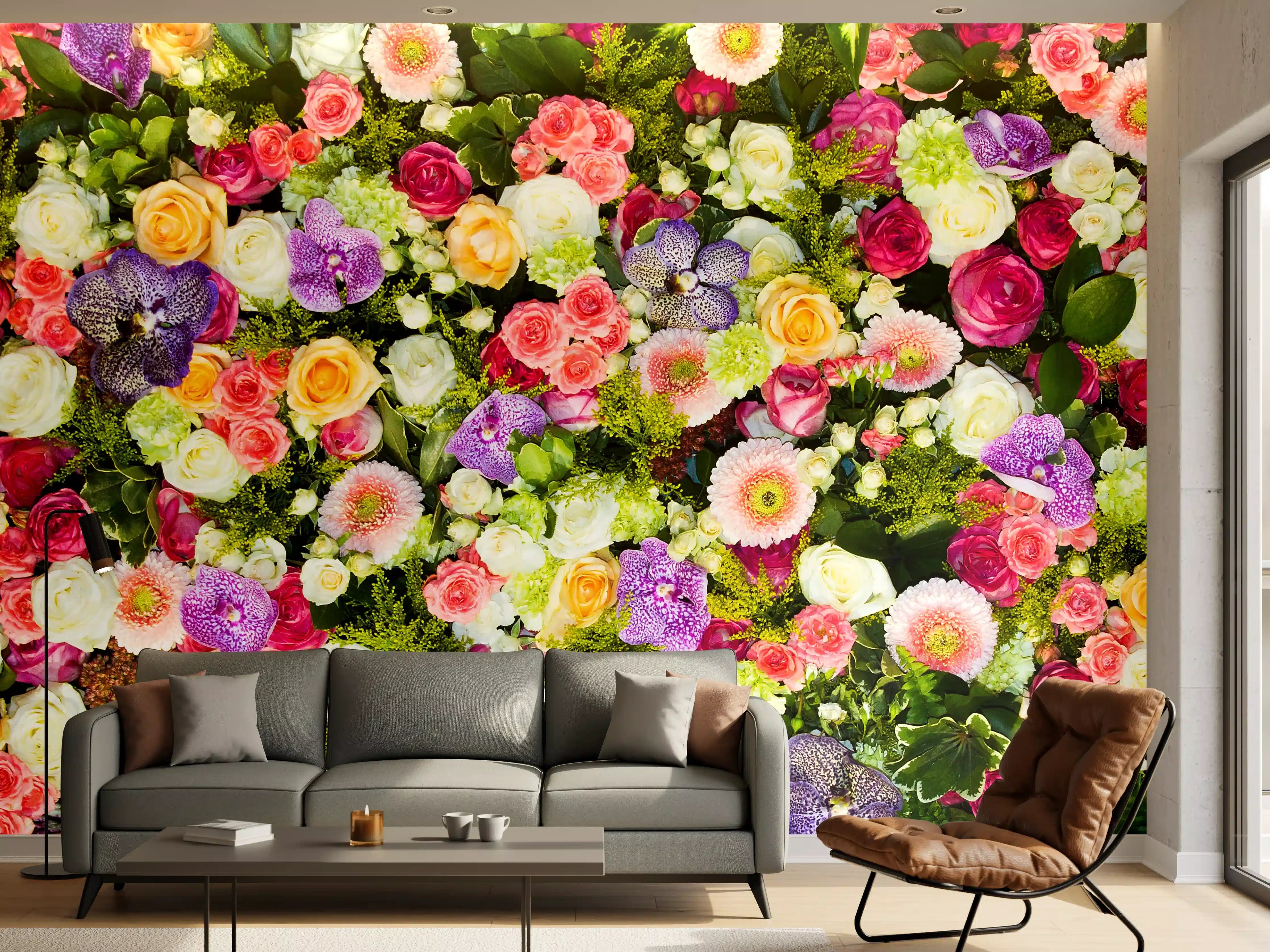 Wandverkleidung Wohnzimmer - Bunte Blumenpracht voller Frische