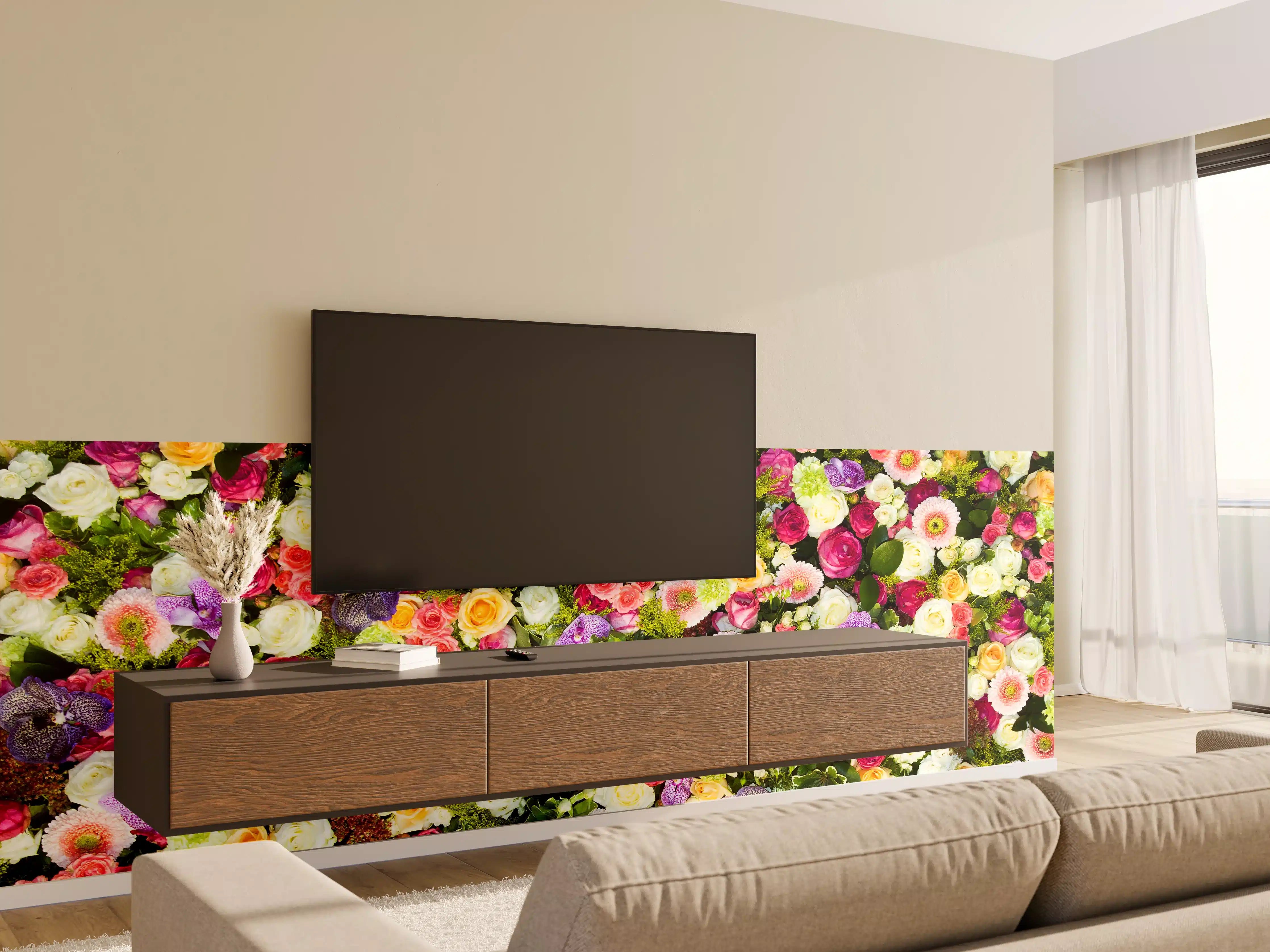 Wandverkleidung Wohnzimmer - Bunte Blumenpracht voller Frische