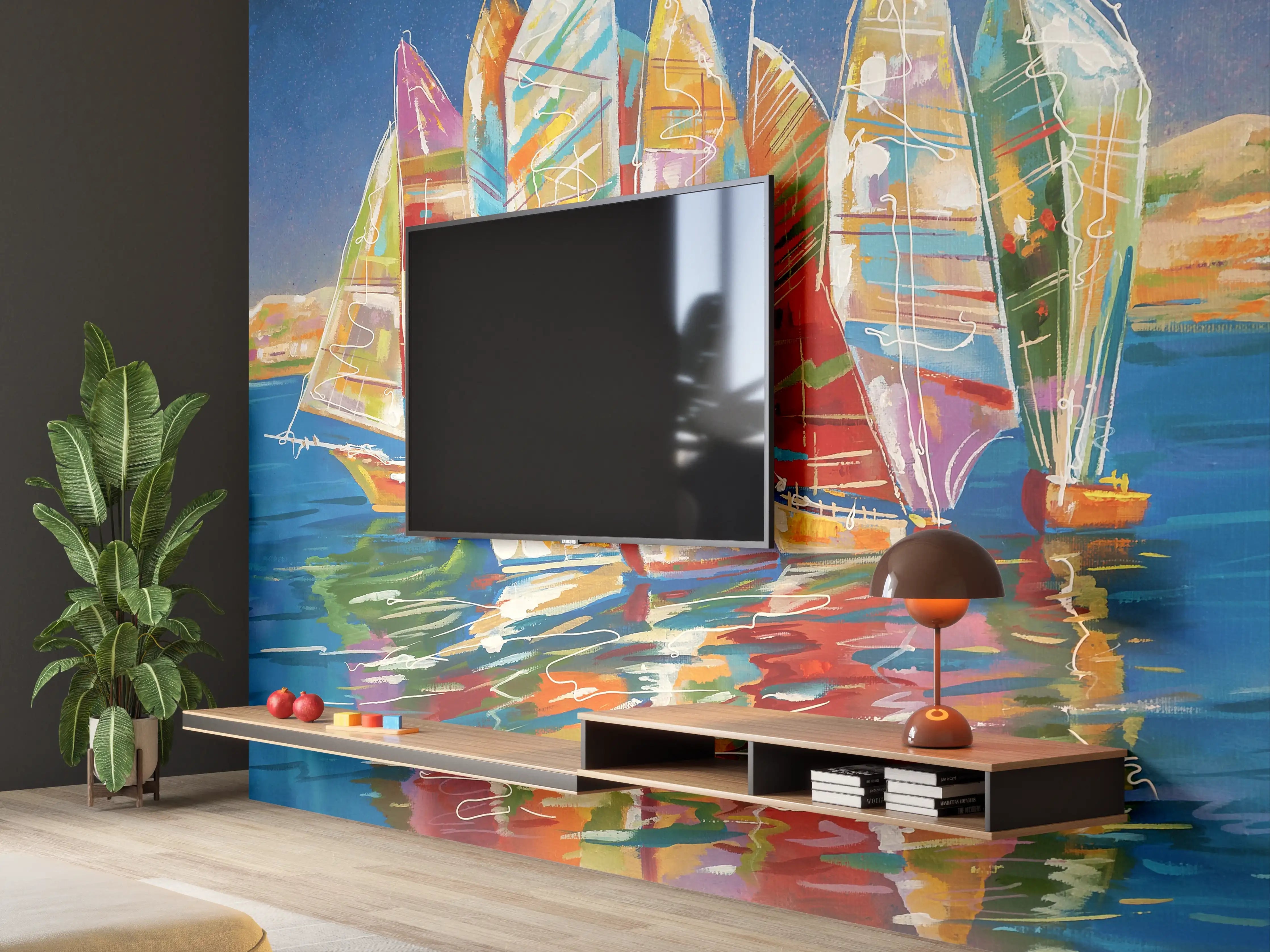 Wandverkleidung Wohnzimmer - Bunte Boote auf dem Meer - Ölgemälde