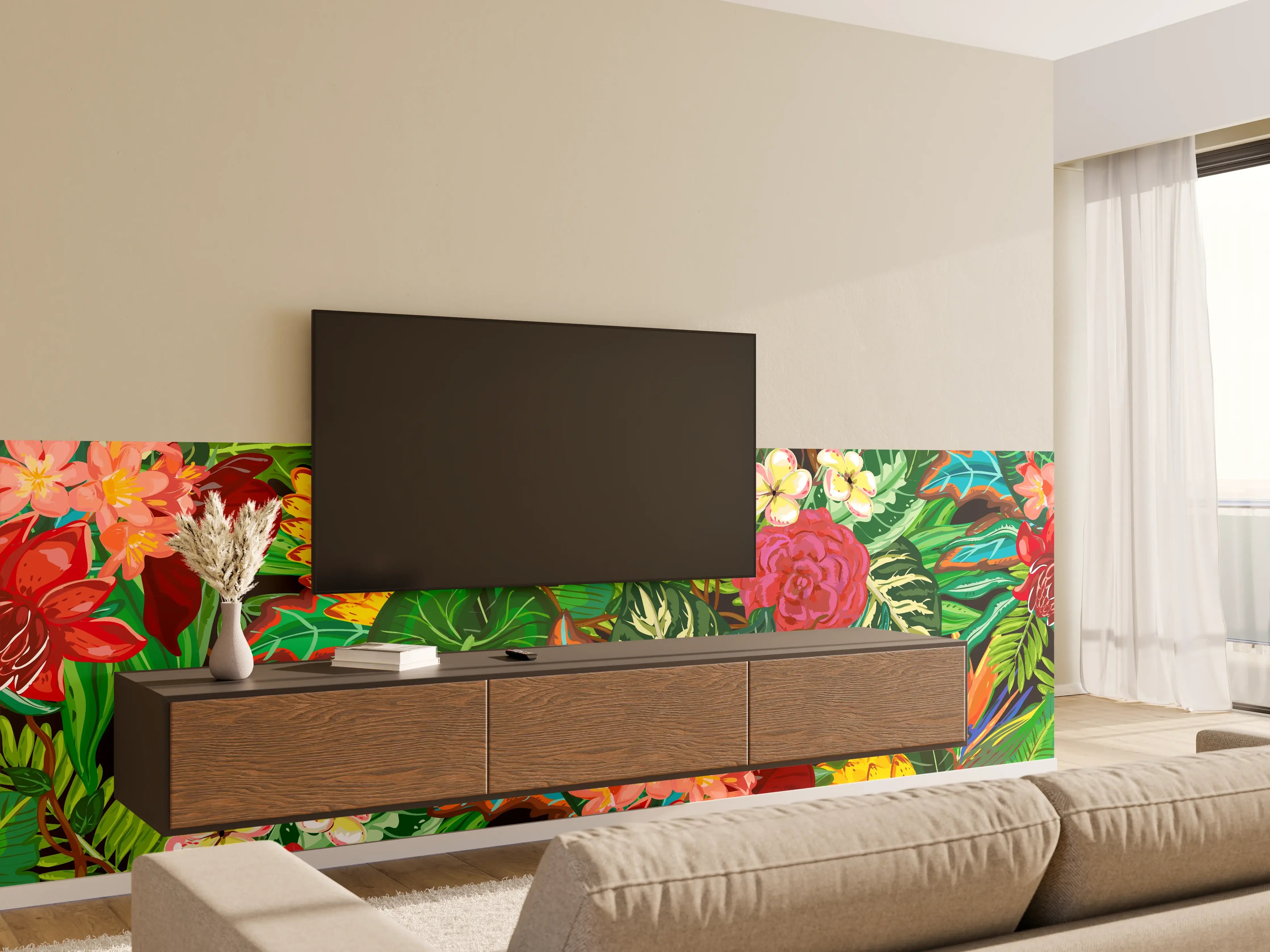 Wandverkleidung Wohnzimmer - Bunte Dschungel-Muster-Tapete