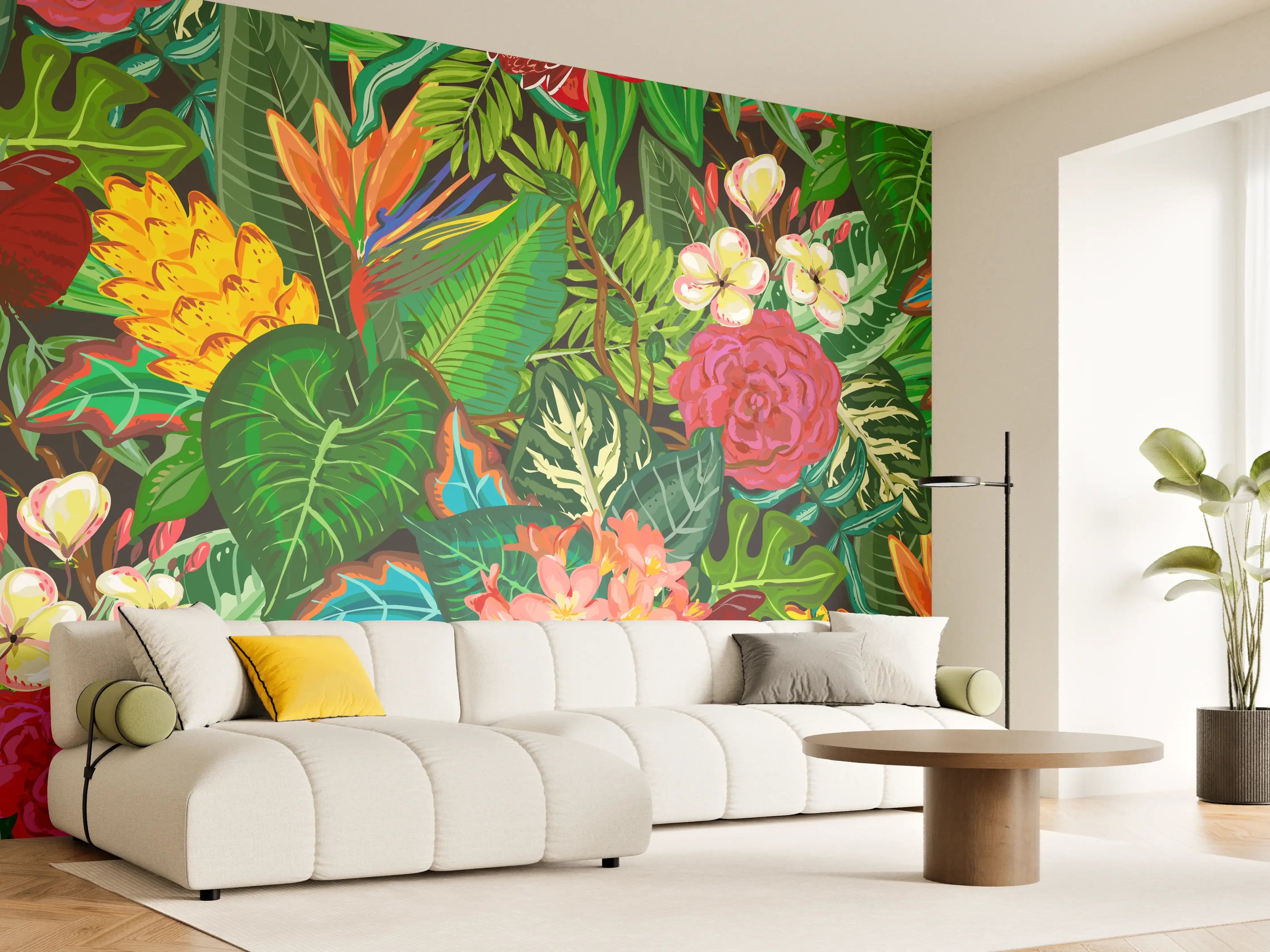 Wandverkleidung Wohnzimmer - Bunte Dschungel-Muster-Tapete