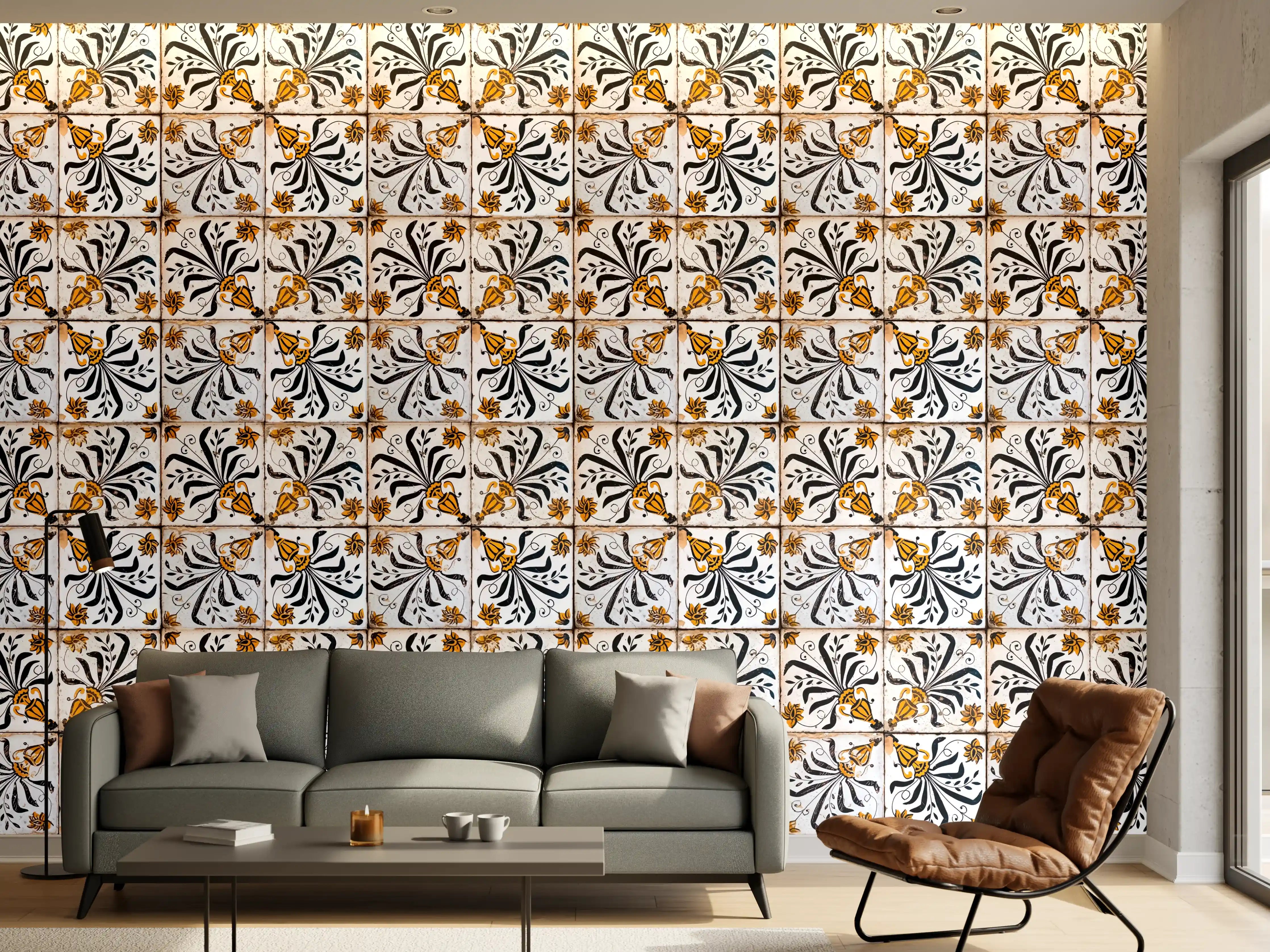 Wandverkleidung Wohnzimmer - Bunte Fliesen mit Muster in Blau, Weiß, Schwarz und Gold